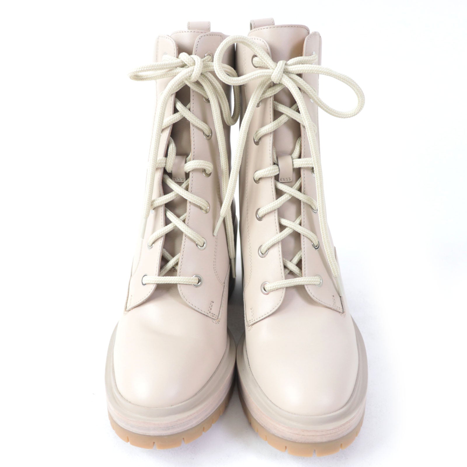 HERMES Leather Lace-up Ankle Boots Pink Beige