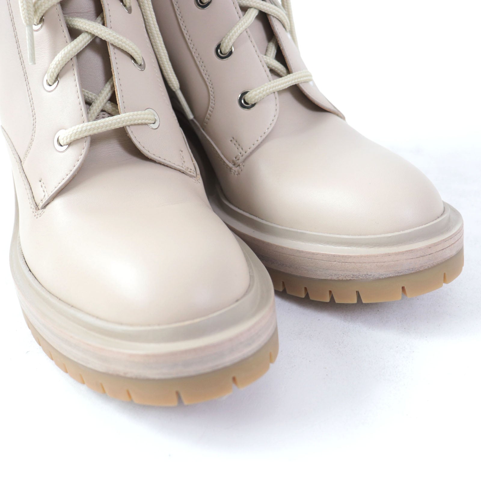 HERMES Leather Lace-up Ankle Boots Pink Beige