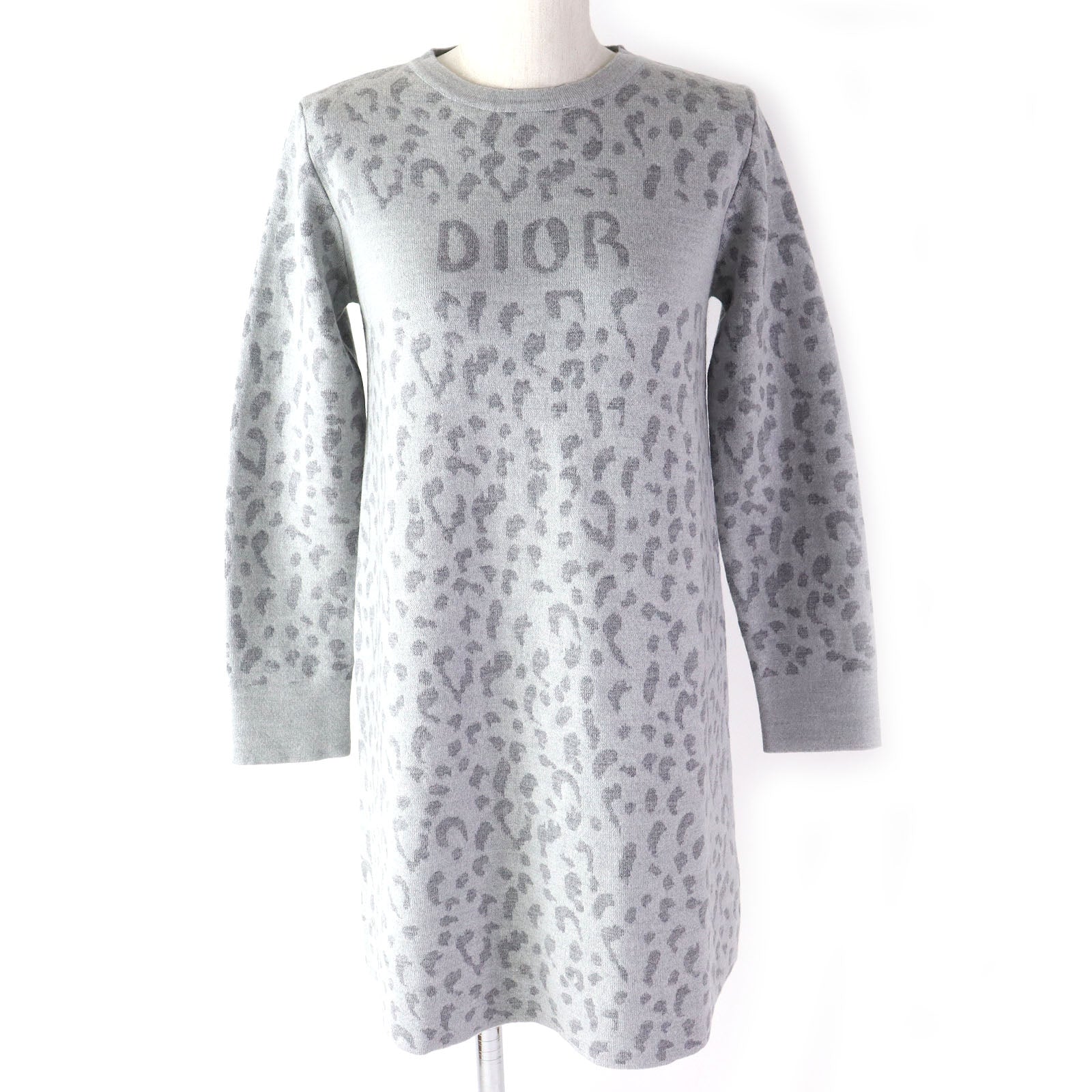 Dior Wool Leopard Logo Knit Dress Gray