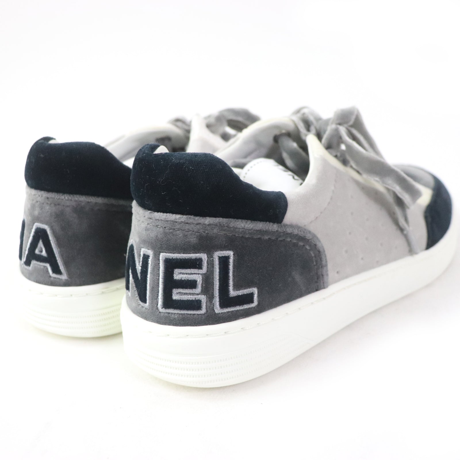 Chanel Velvet Logo Lace-Up Sneakers Gray 36