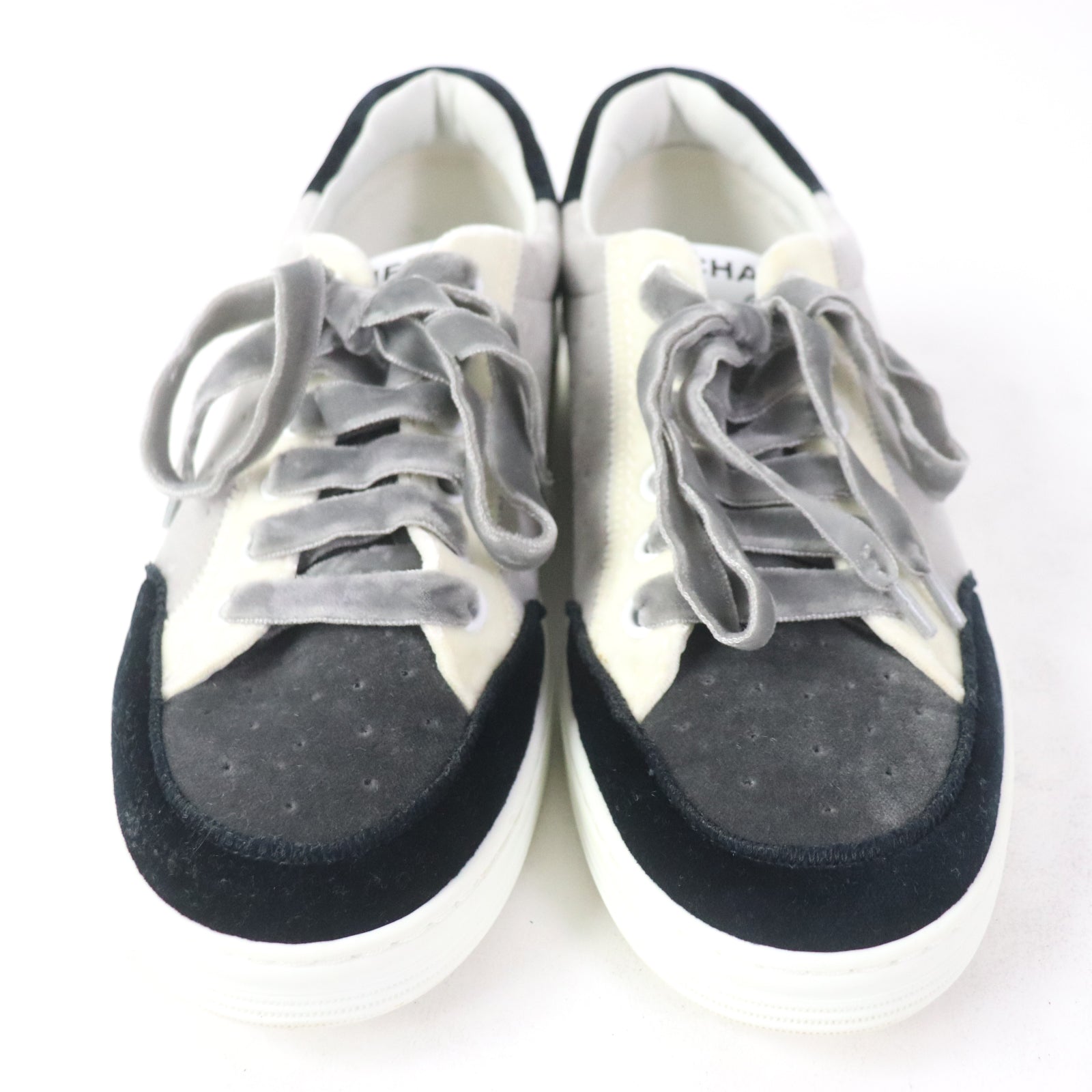 Chanel Velvet Logo Lace-Up Sneakers Gray 36