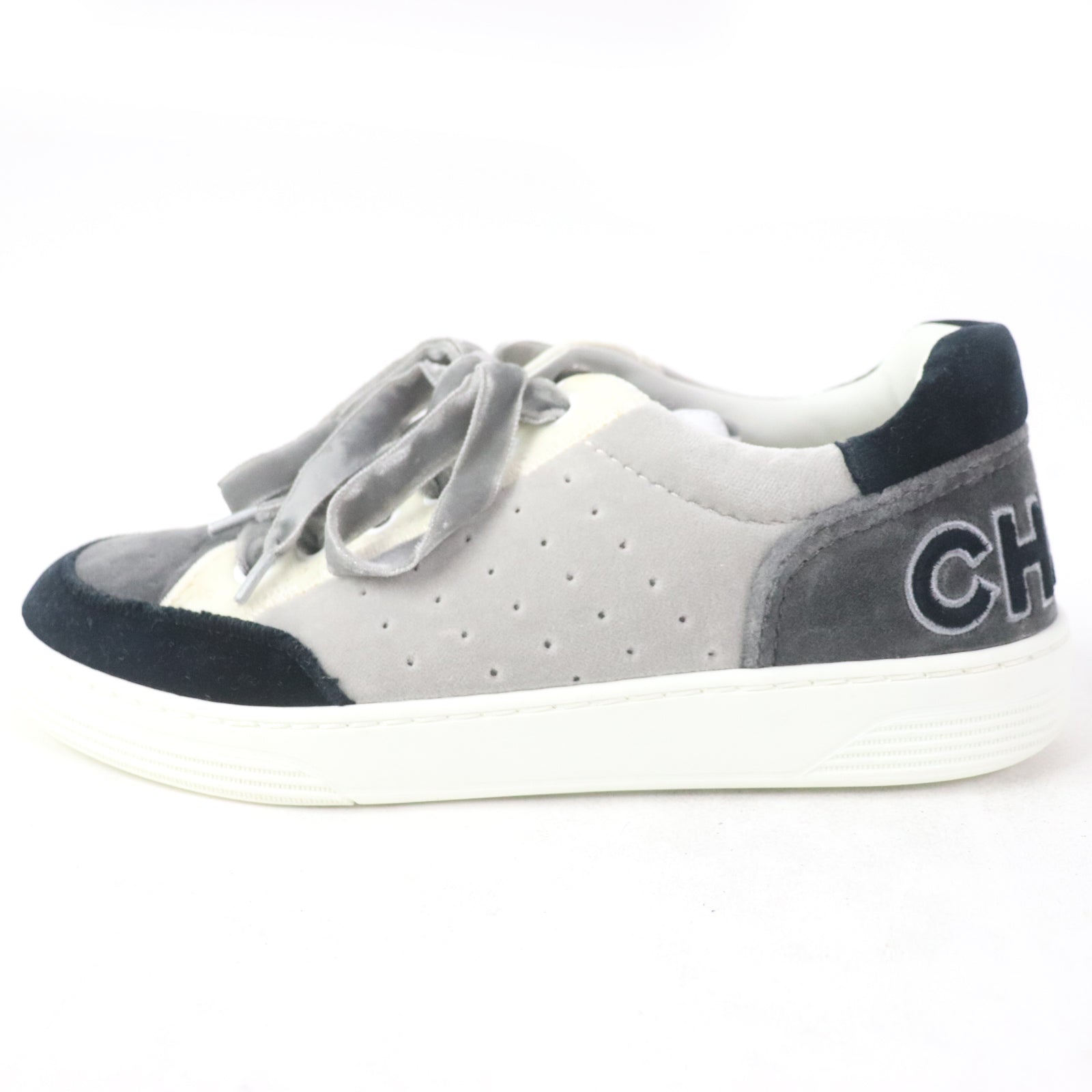 Chanel Velvet Logo Lace-Up Sneakers Gray 36