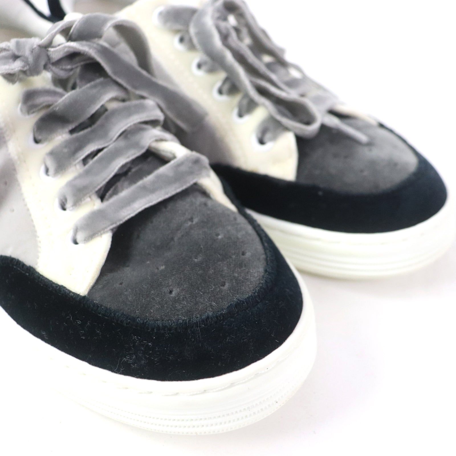 Chanel Velvet Logo Lace-Up Sneakers Gray 36