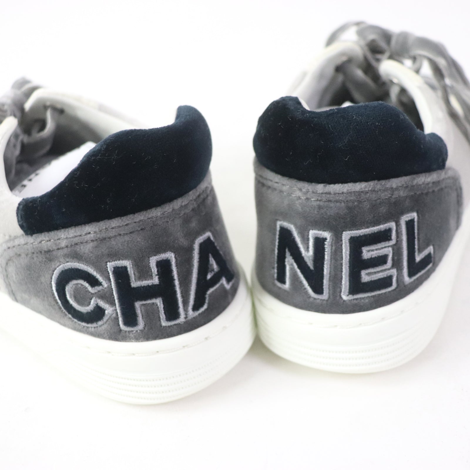 Chanel Velvet Logo Lace-Up Sneakers Gray 36