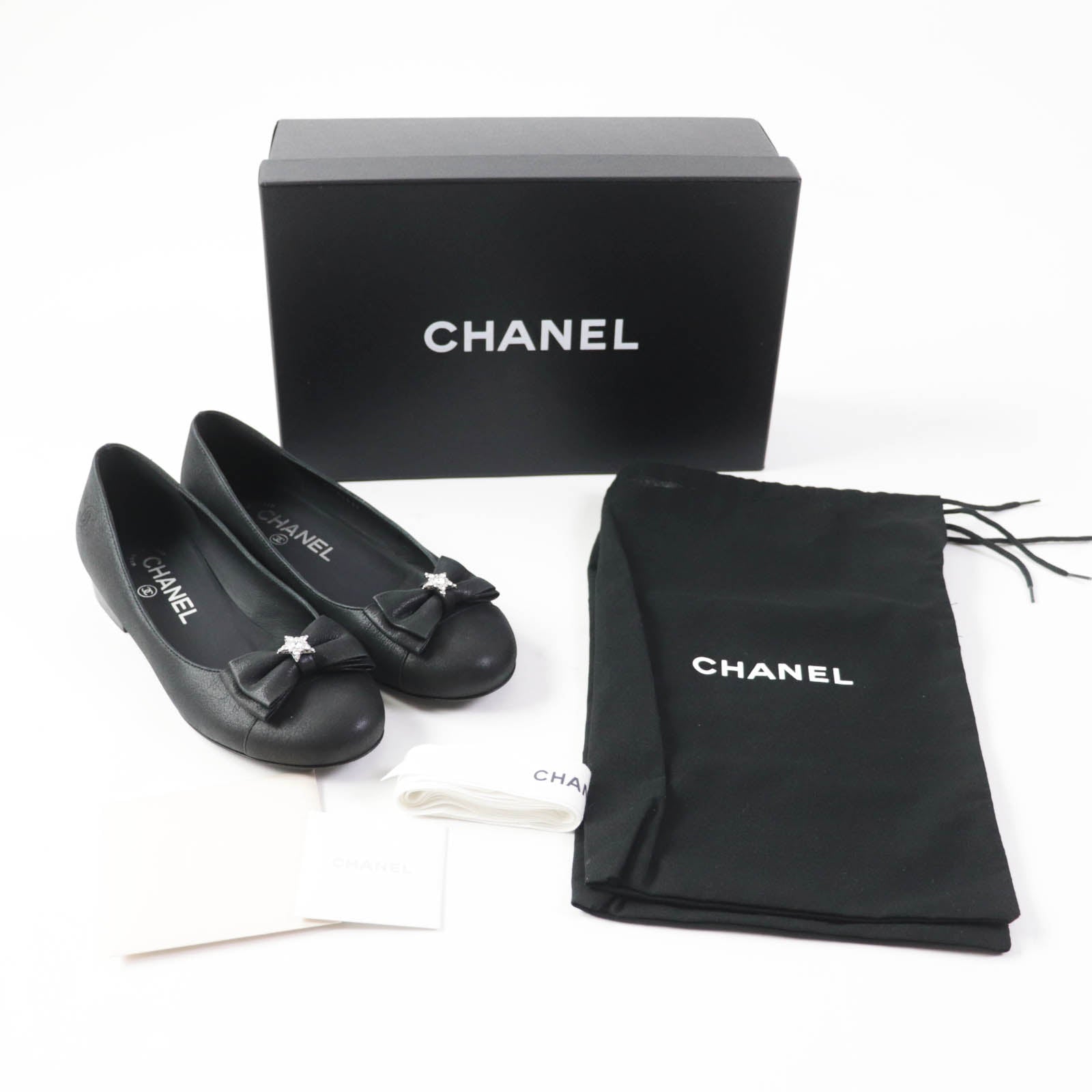 Chanel Star Bejeweled Ribbon Flat Shoes Black