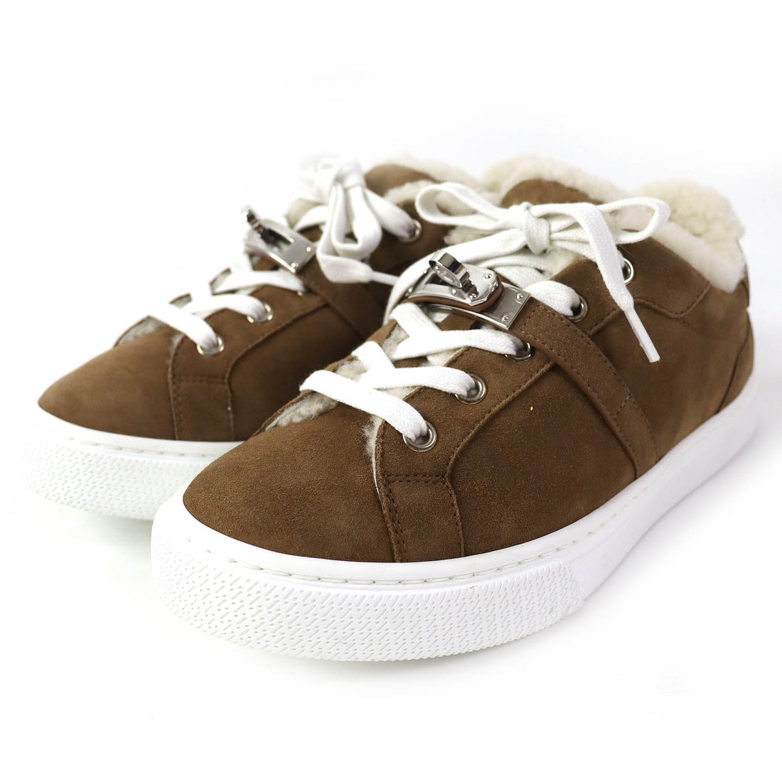 HERMES Sheepskin Kelly Metal Sneakers Brown 35