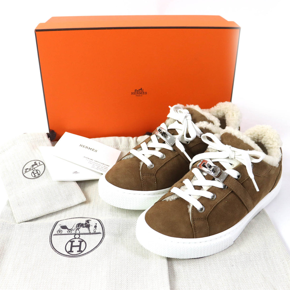 HERMES Sheepskin Kelly Metal Sneakers Brown 35