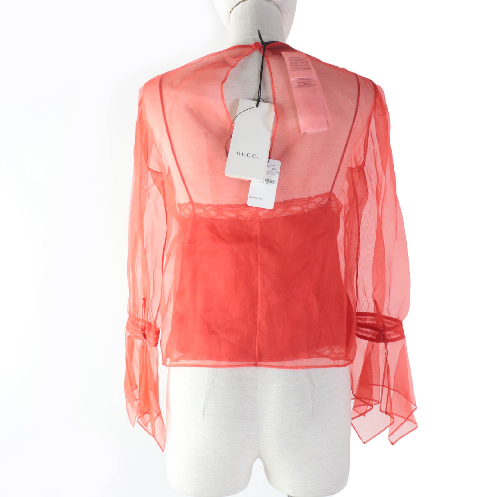 GUCCI Silk Metal See-through Blouse Red 36