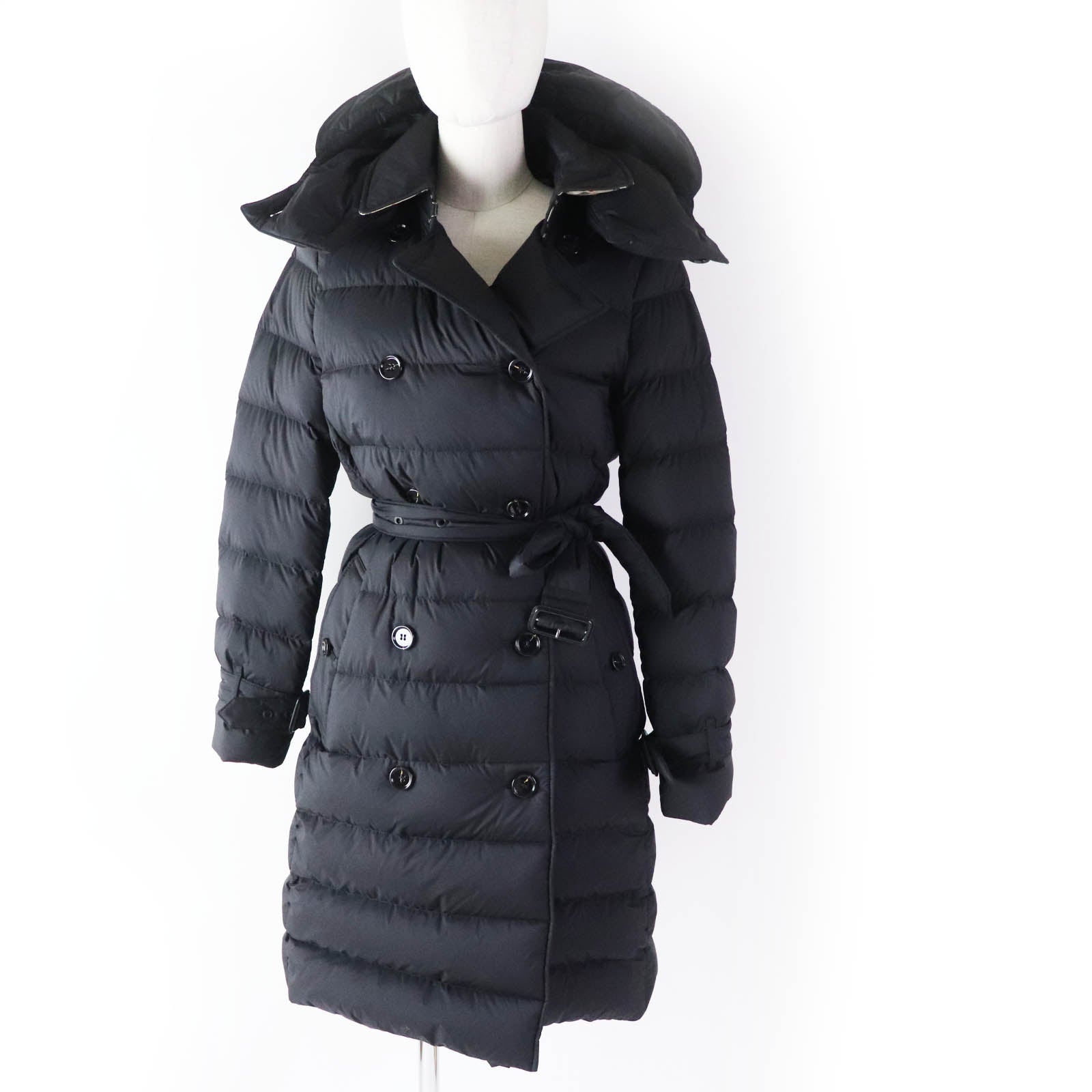 Burberry Nylon Belted Hooded Down Coat Black S