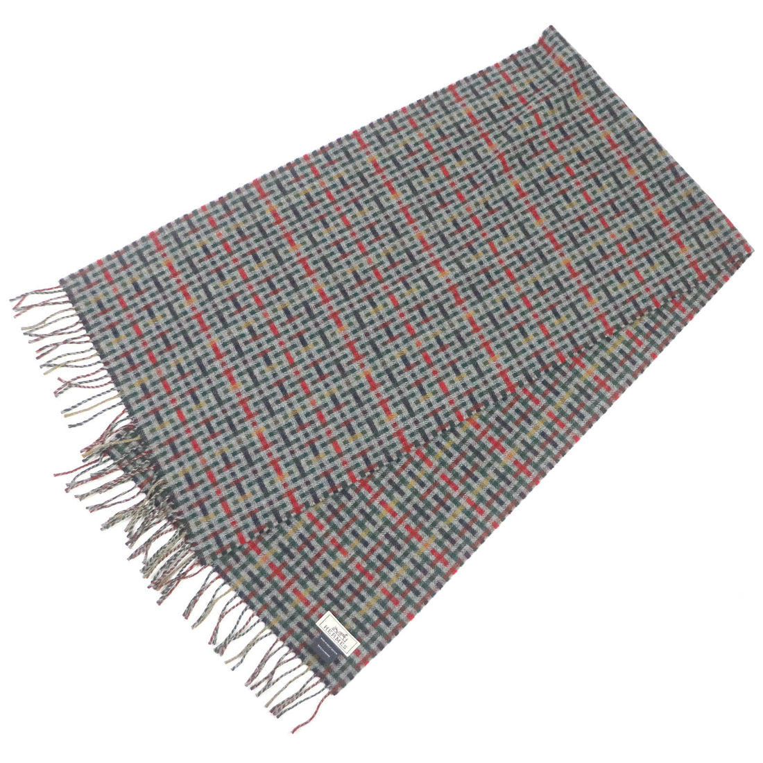 HERMES Cashmere H Logo Check Shawl Scarf