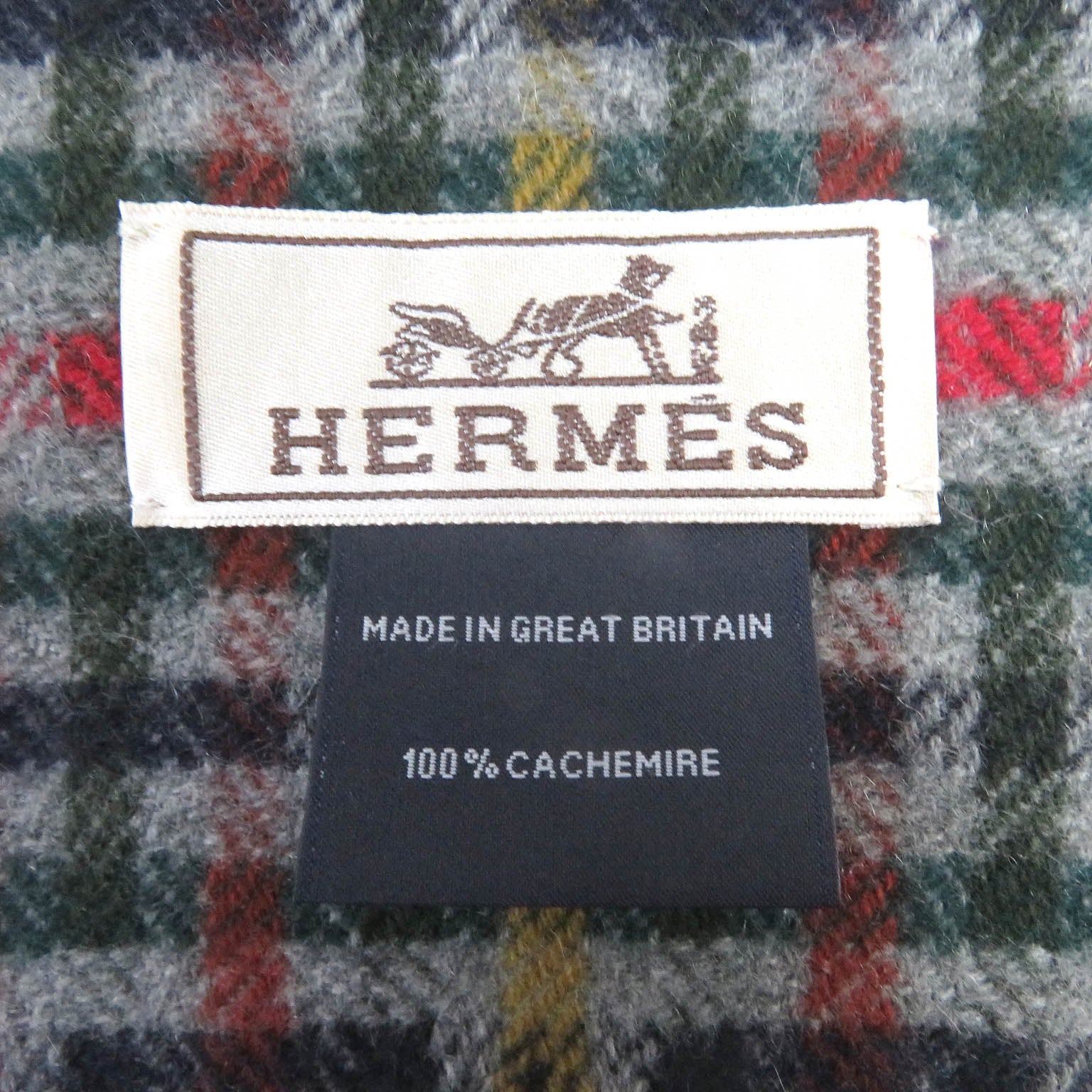 HERMES Cashmere H Logo Check Shawl Scarf