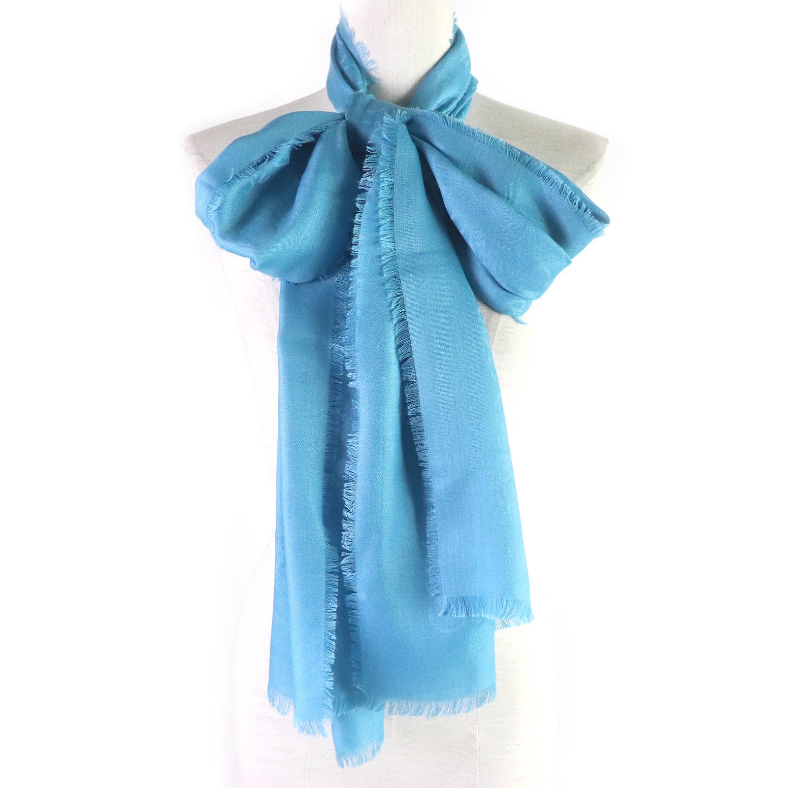 LOEWE Wool Silk Cashmere Fringe Shawl Light Blue