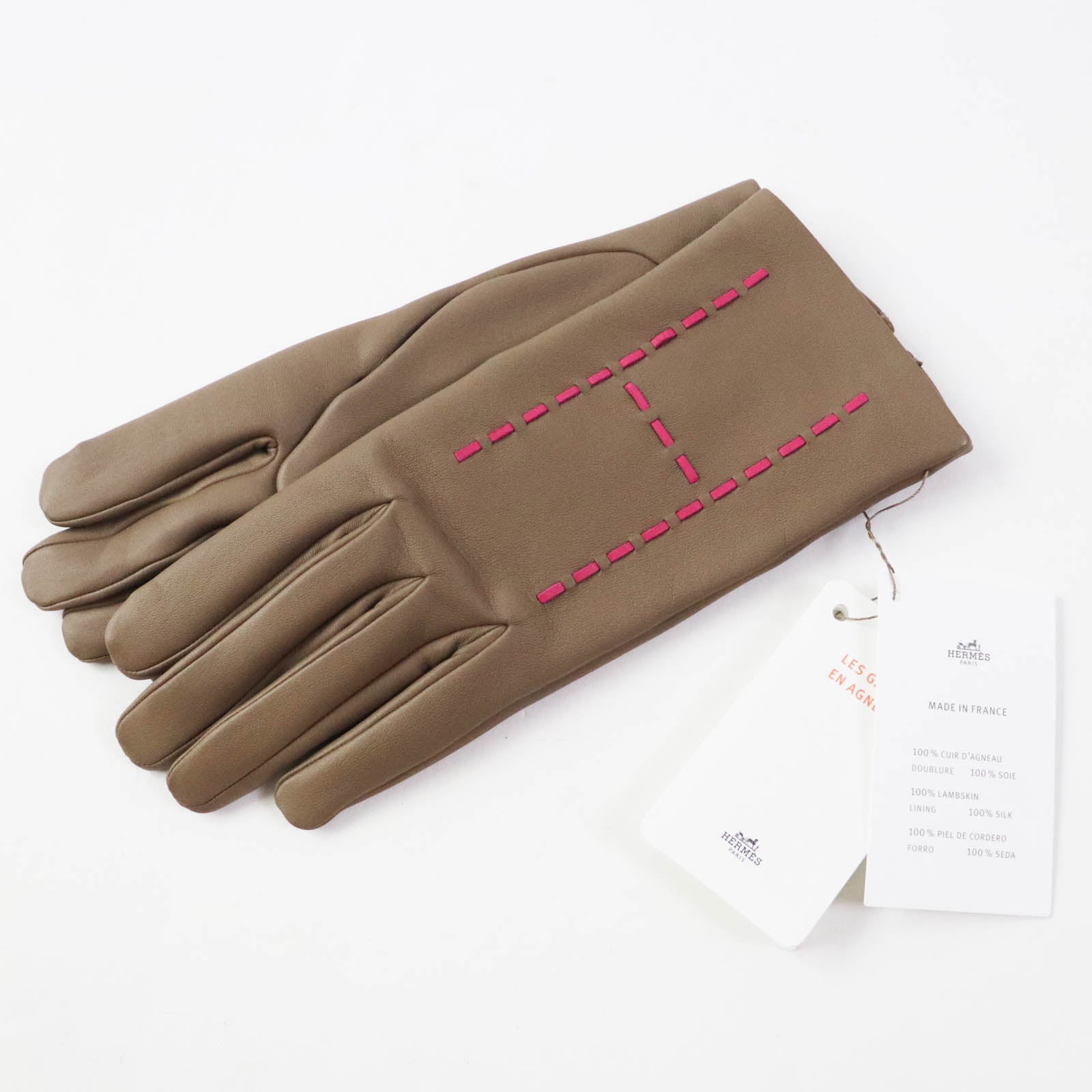 HERMES Lamb Leather Silk H Stitch Gloves 6.5