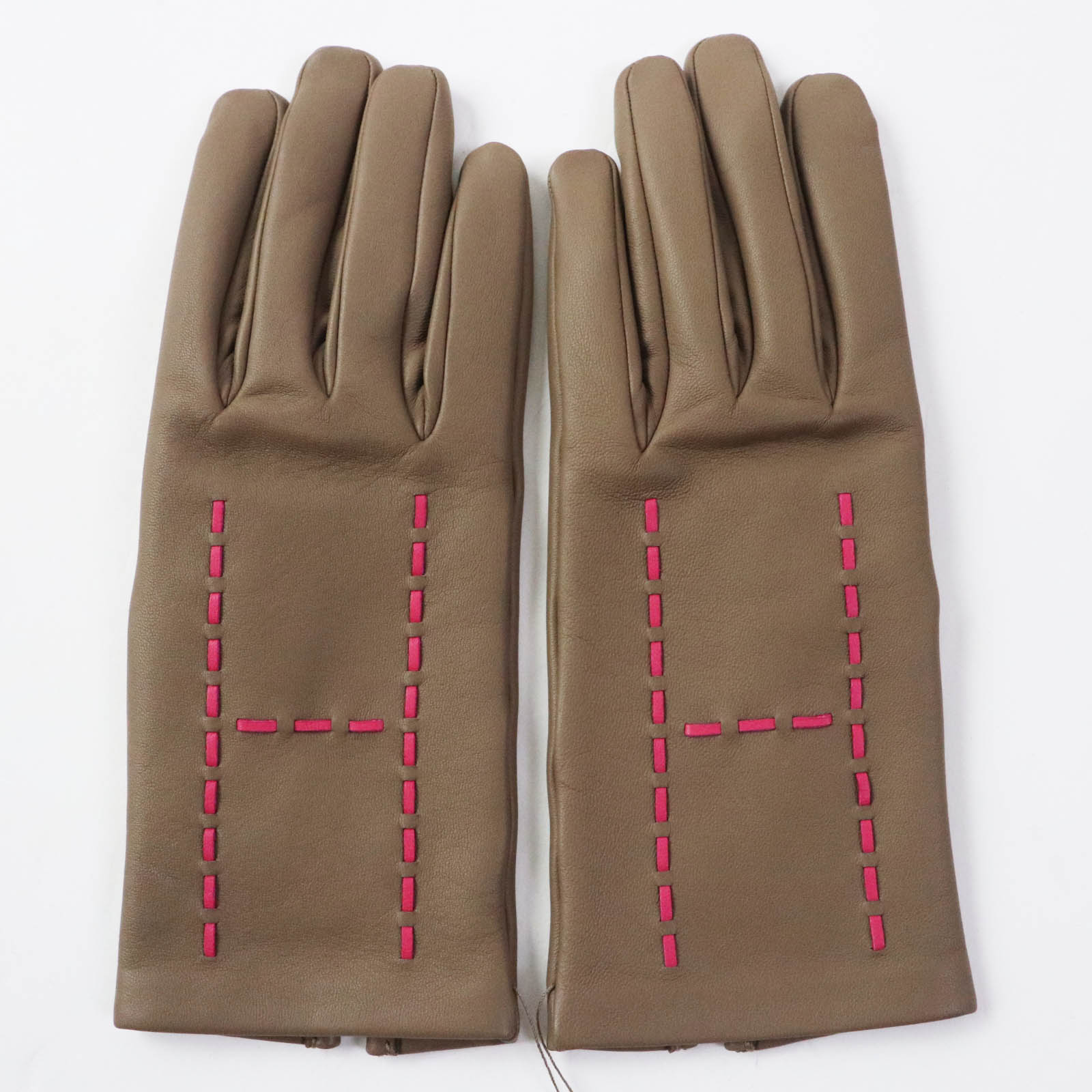 HERMES Lamb Leather Silk H Stitch Gloves 6.5