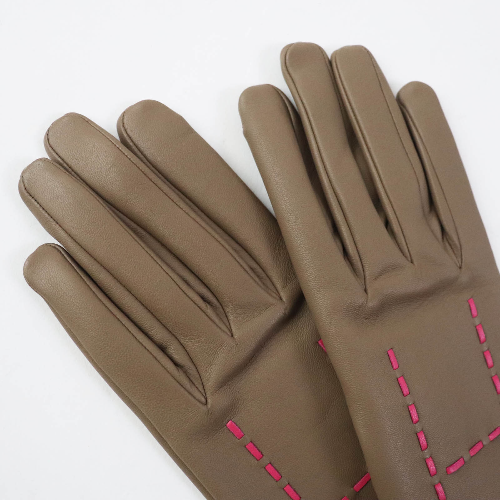 HERMES Lamb Leather Silk H Stitch Gloves 6.5