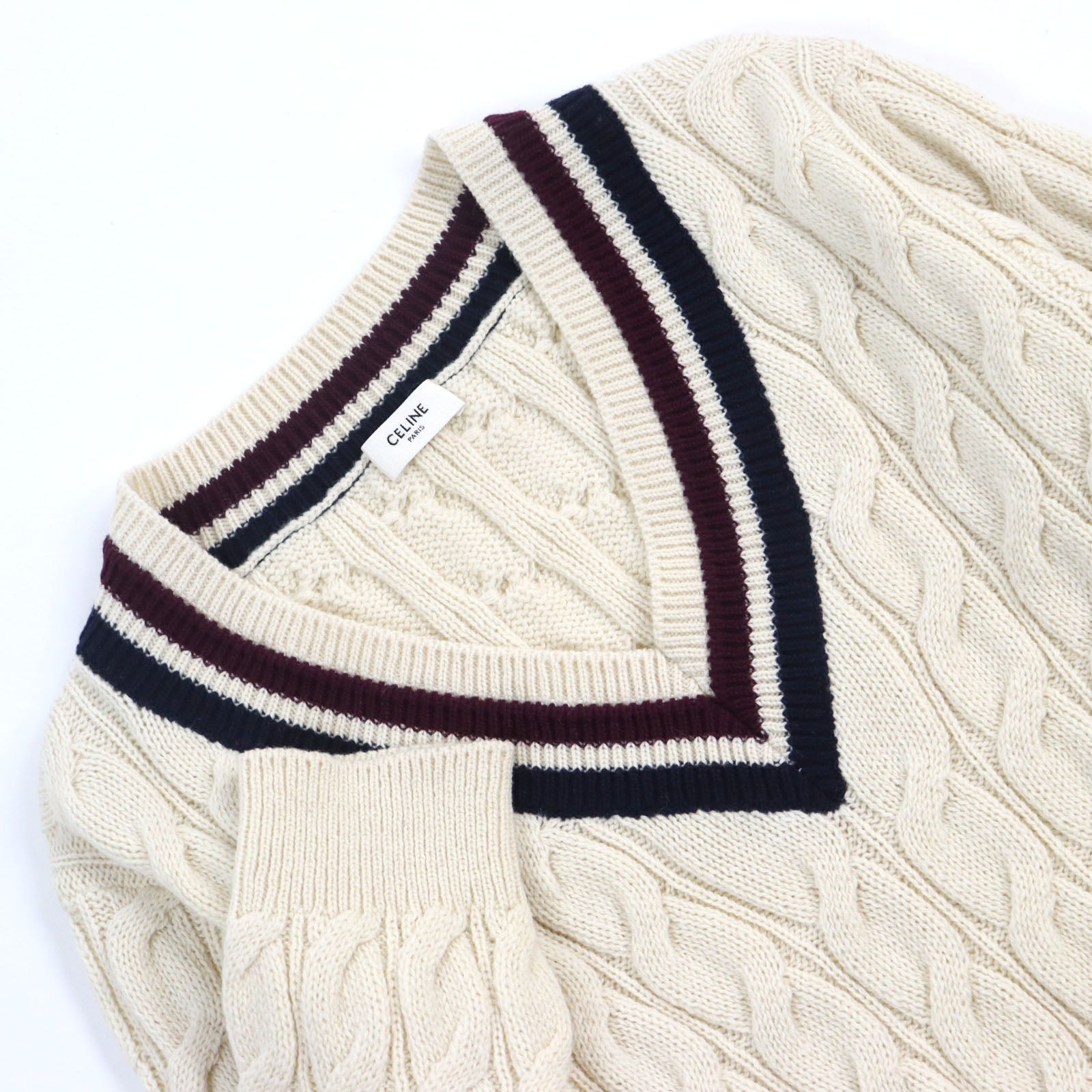 Celine Wool Cable Knit V-Neck Sweater XS