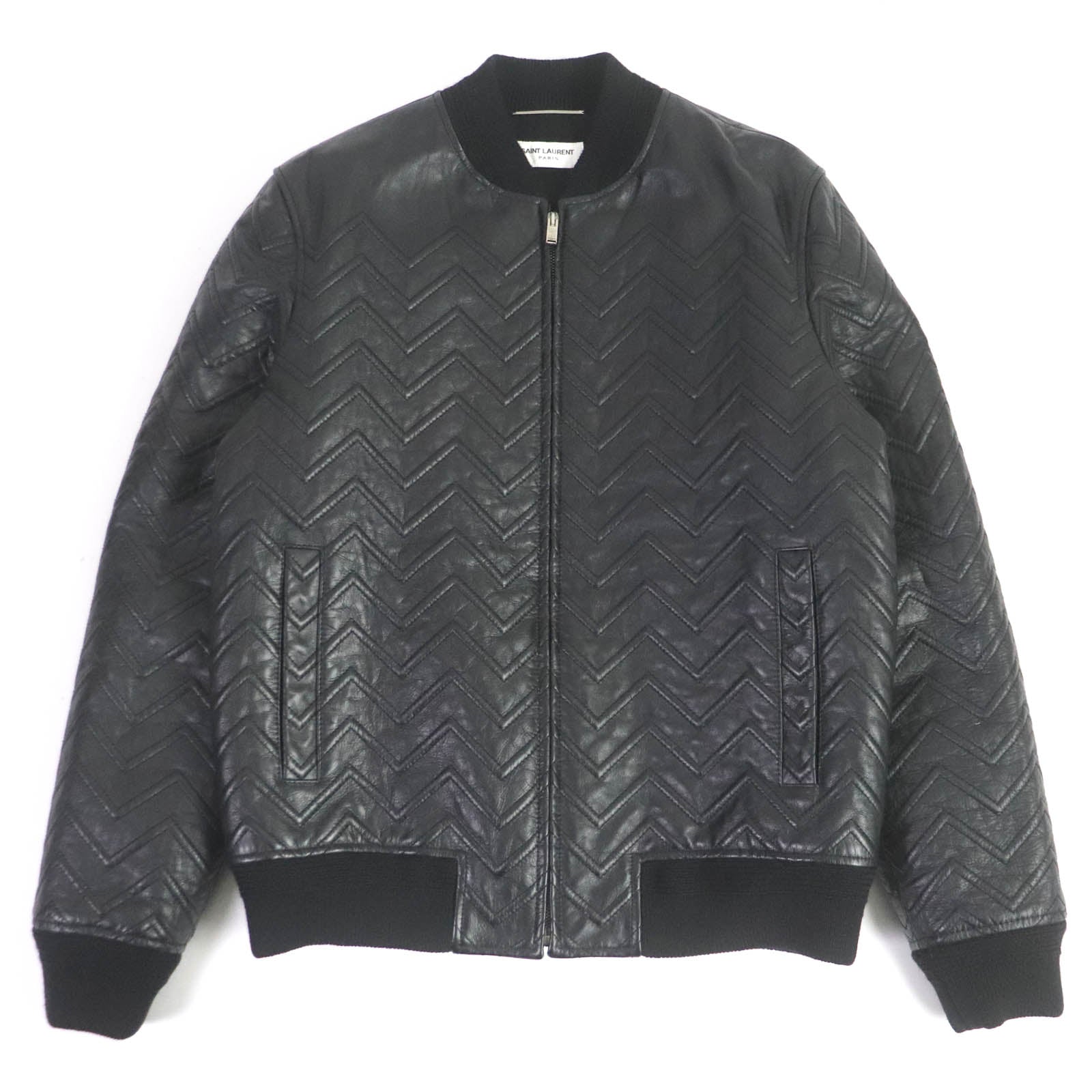 Saint Laurent Leather Chevron Bomber Jacket Black 46