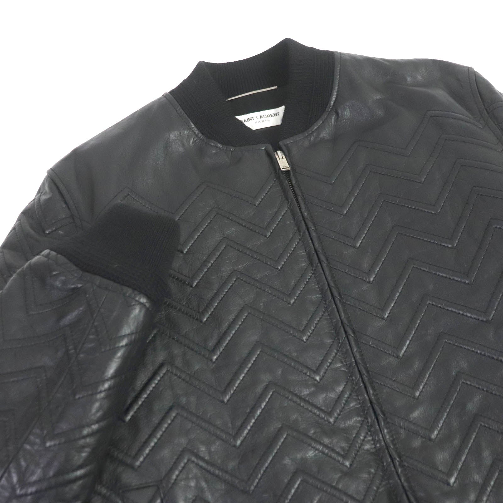 Saint Laurent Leather Chevron Bomber Jacket Black 46