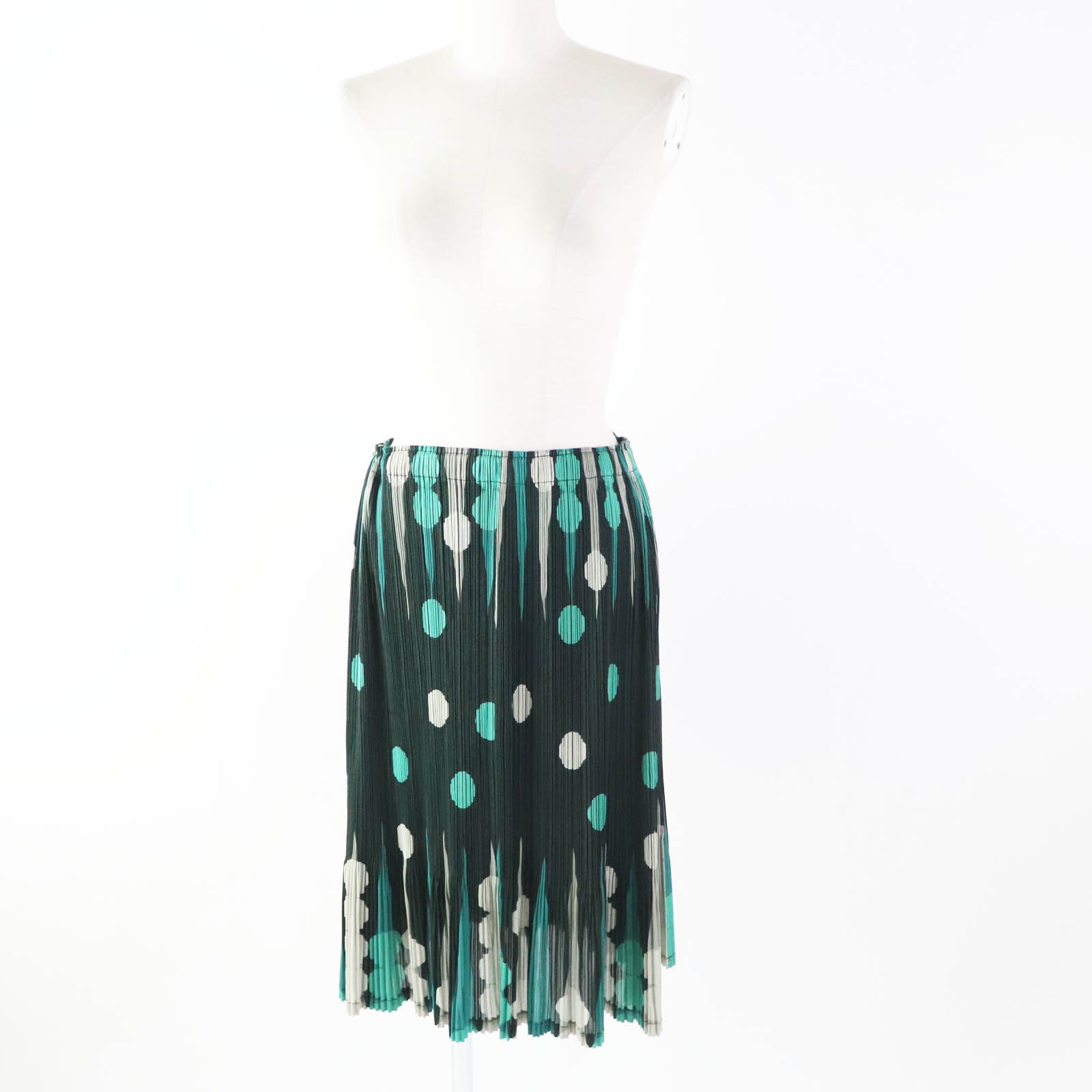 Pleated Dot Skirt Green Polyester Women