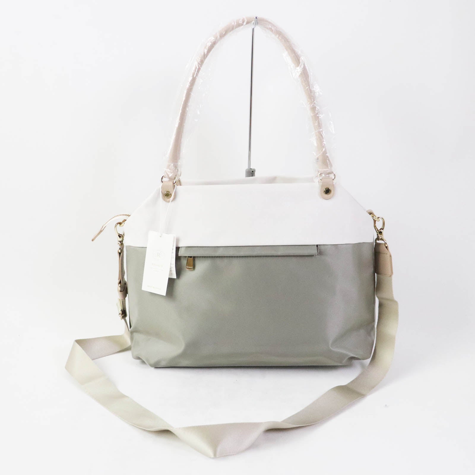 Leather 2-way Tote Shoulder Bag White Gray Gold