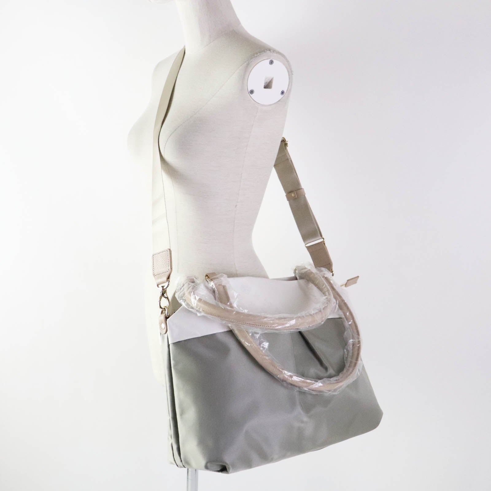 Leather 2-way Tote Shoulder Bag White Gray Gold