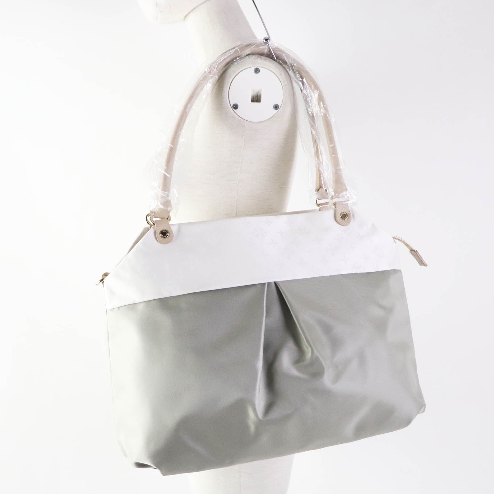 Leather 2-way Tote Shoulder Bag White Gray Gold