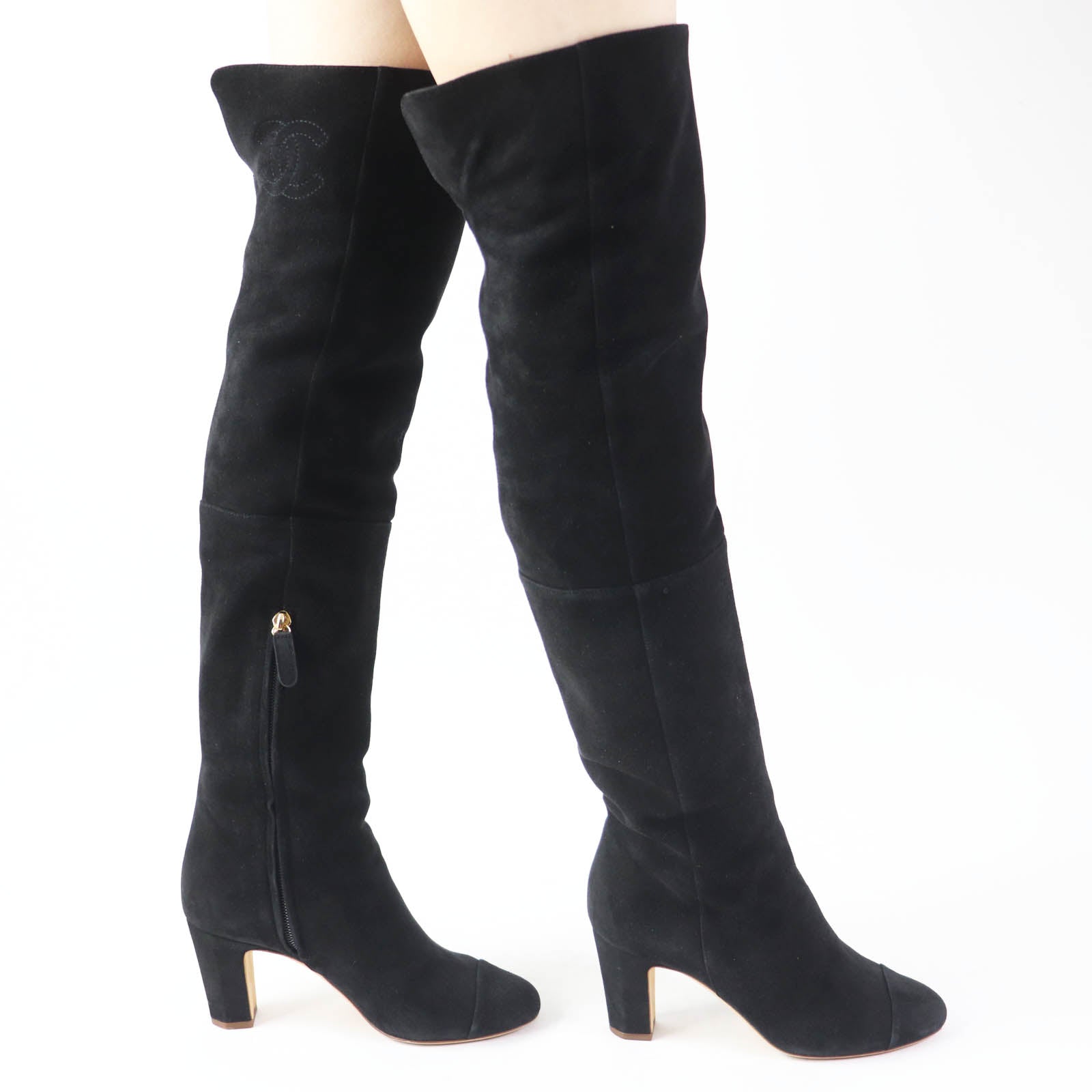 Chanel Suede Knee High Boots Black 36