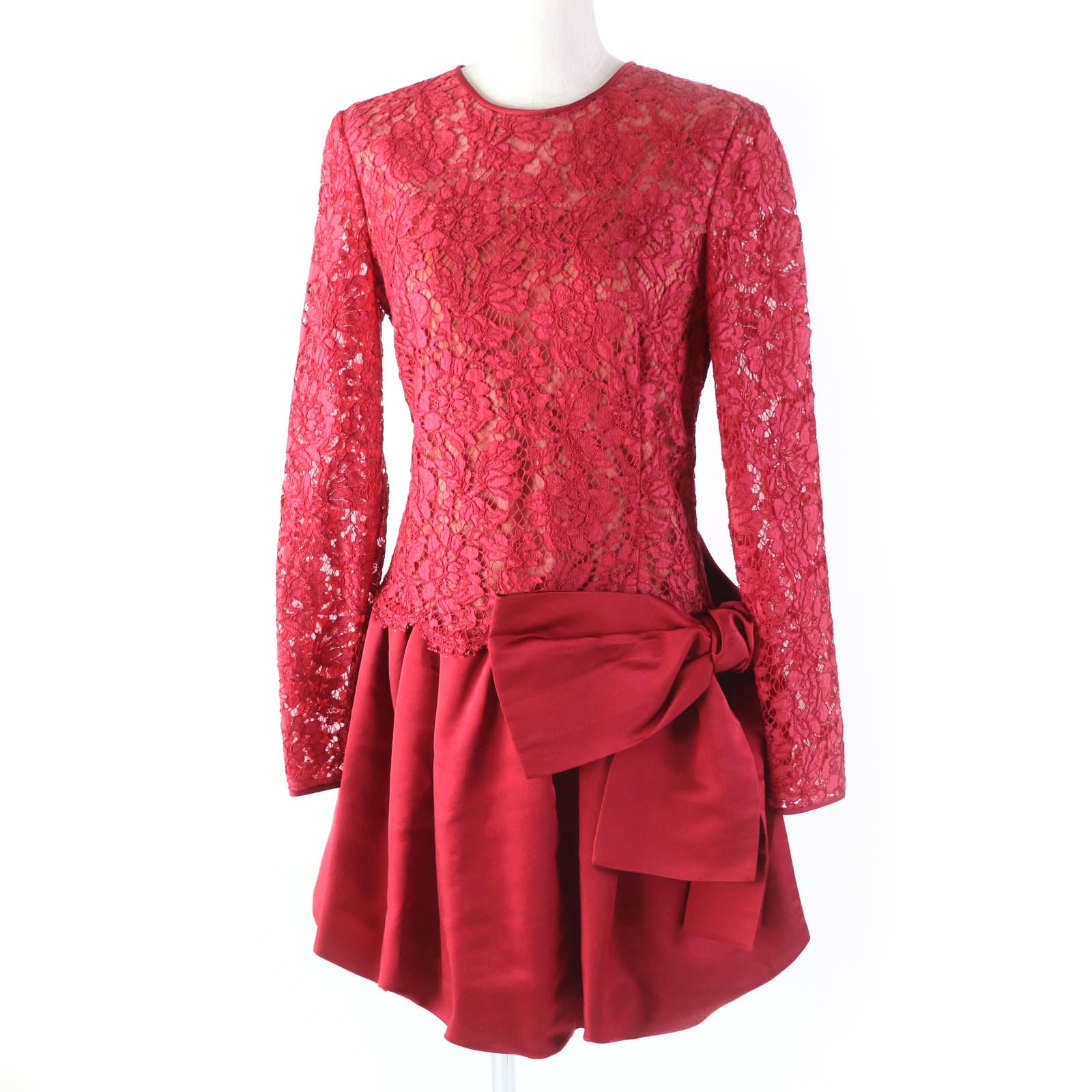 Valentino Lace Ribbon Long Sleeve Dress Red 42