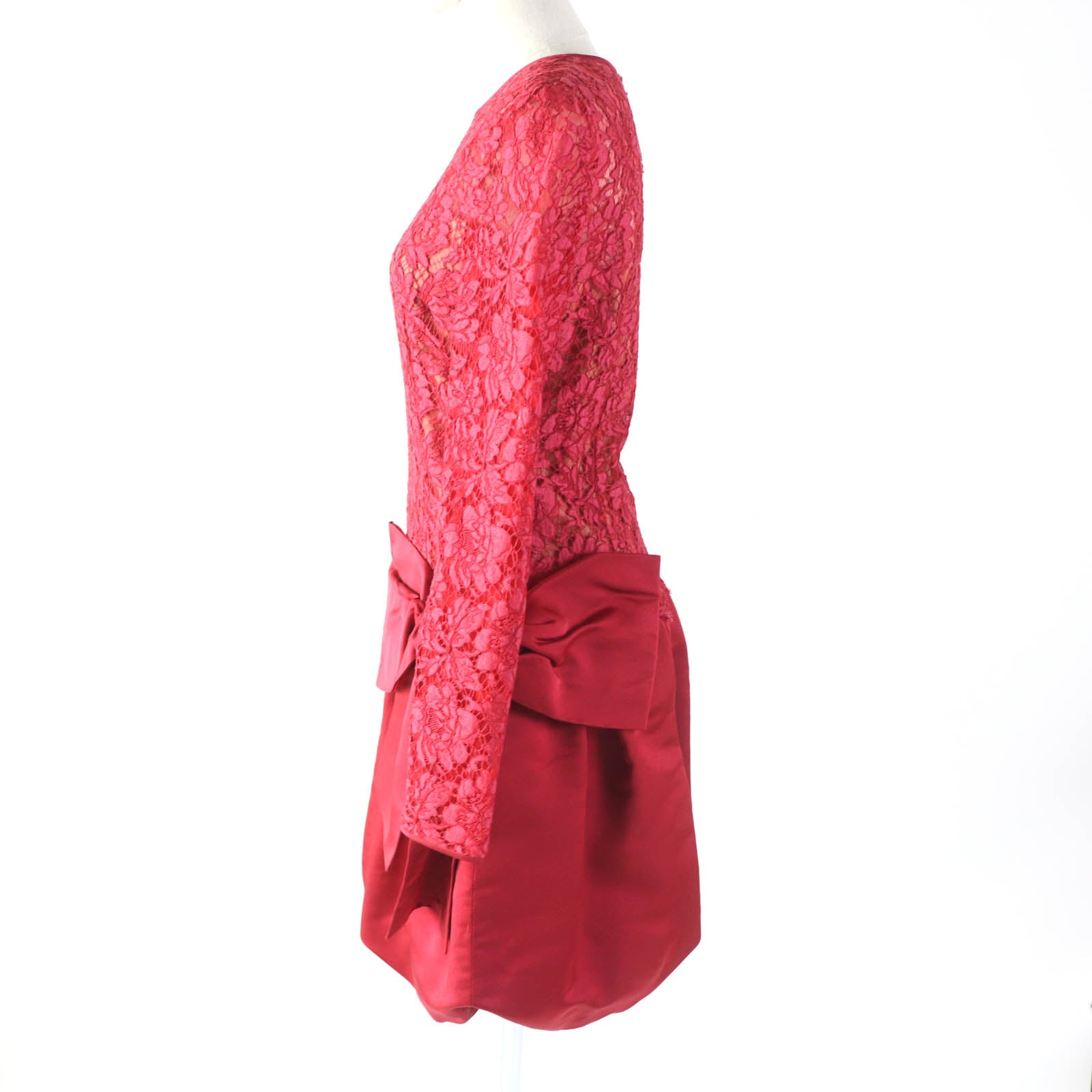 Valentino Lace Ribbon Long Sleeve Dress Red 42