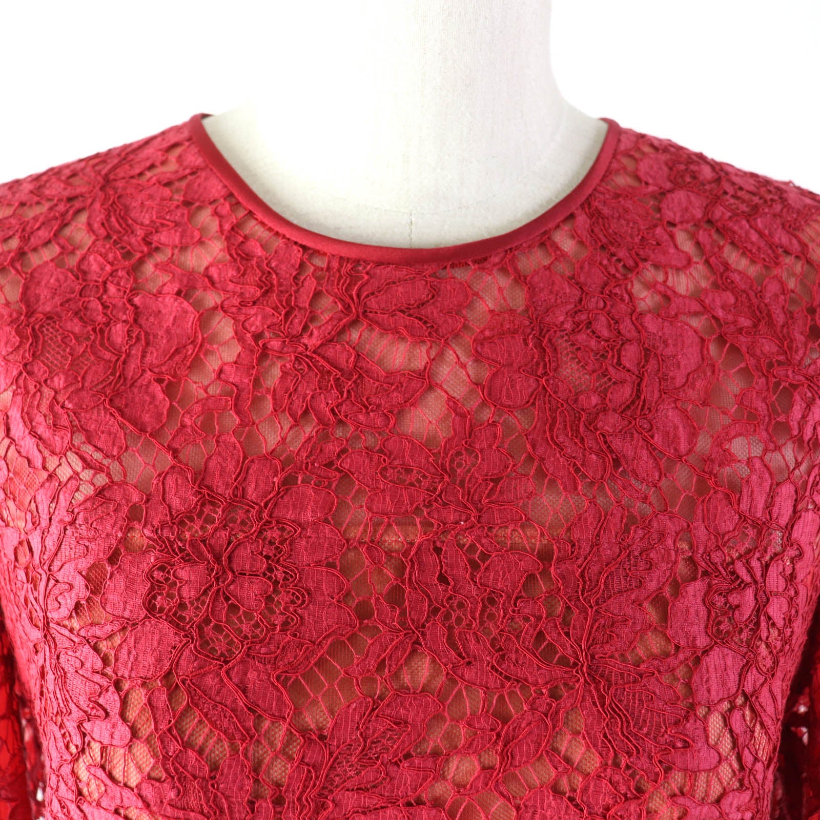 Valentino Lace Ribbon Long Sleeve Dress Red 42