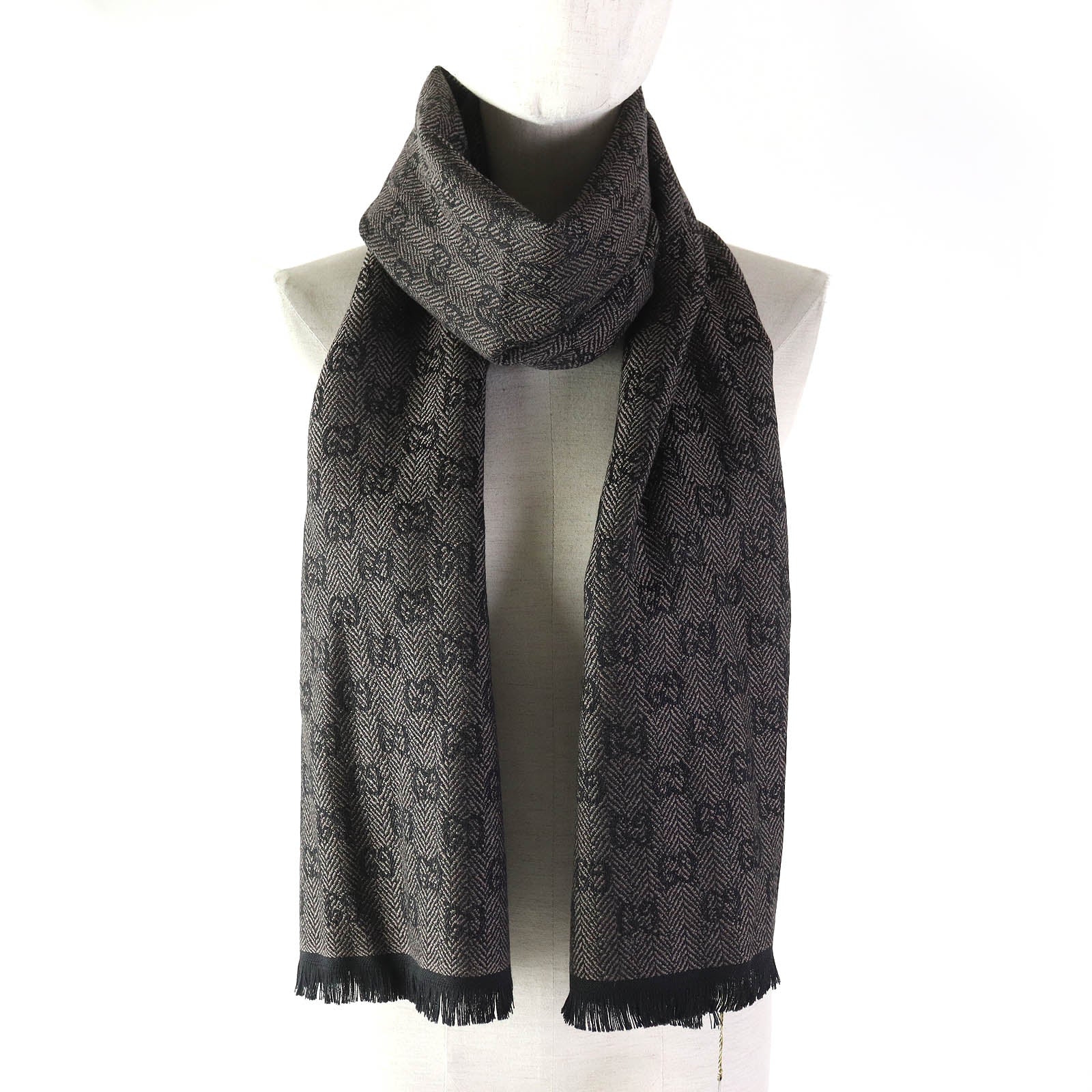 GUCCI Wool GG Pattern Scarf Brown Black