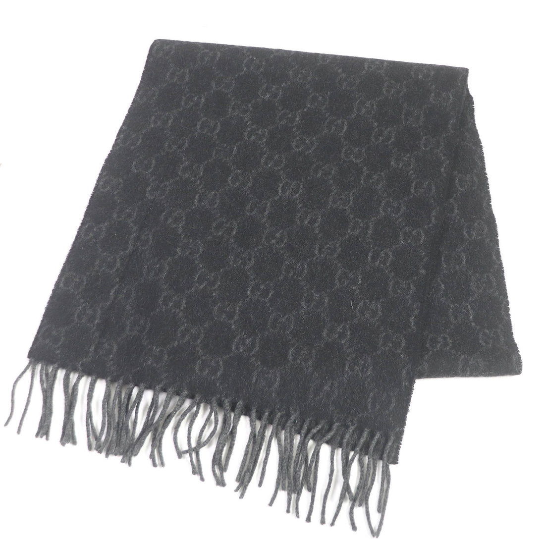 Gucci Cashmere GG Fringe Shawl Scarf Black