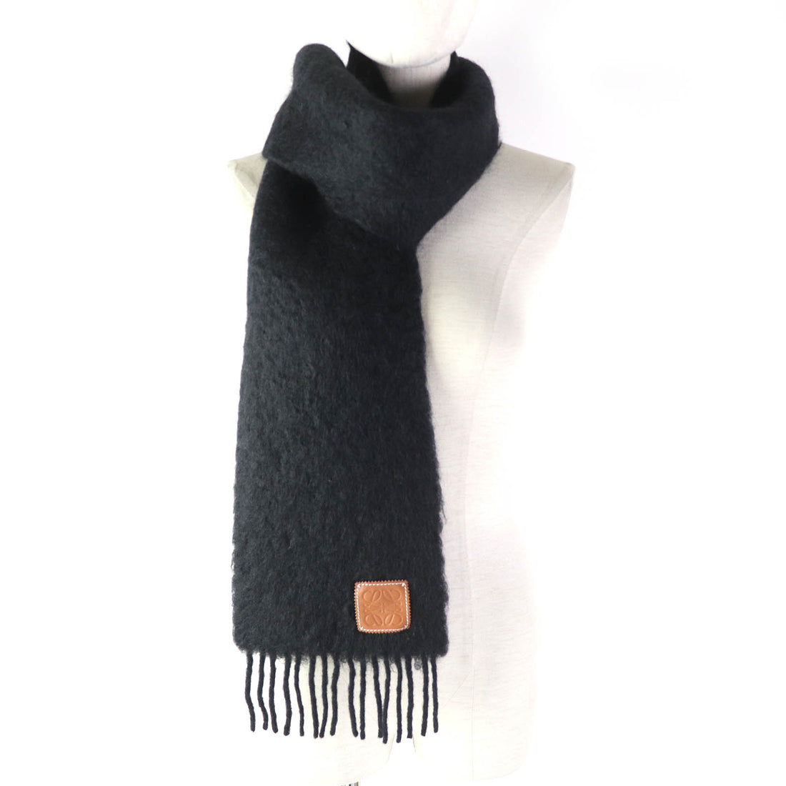 Loewe Mohair Wool Long Fringe Scarf Black