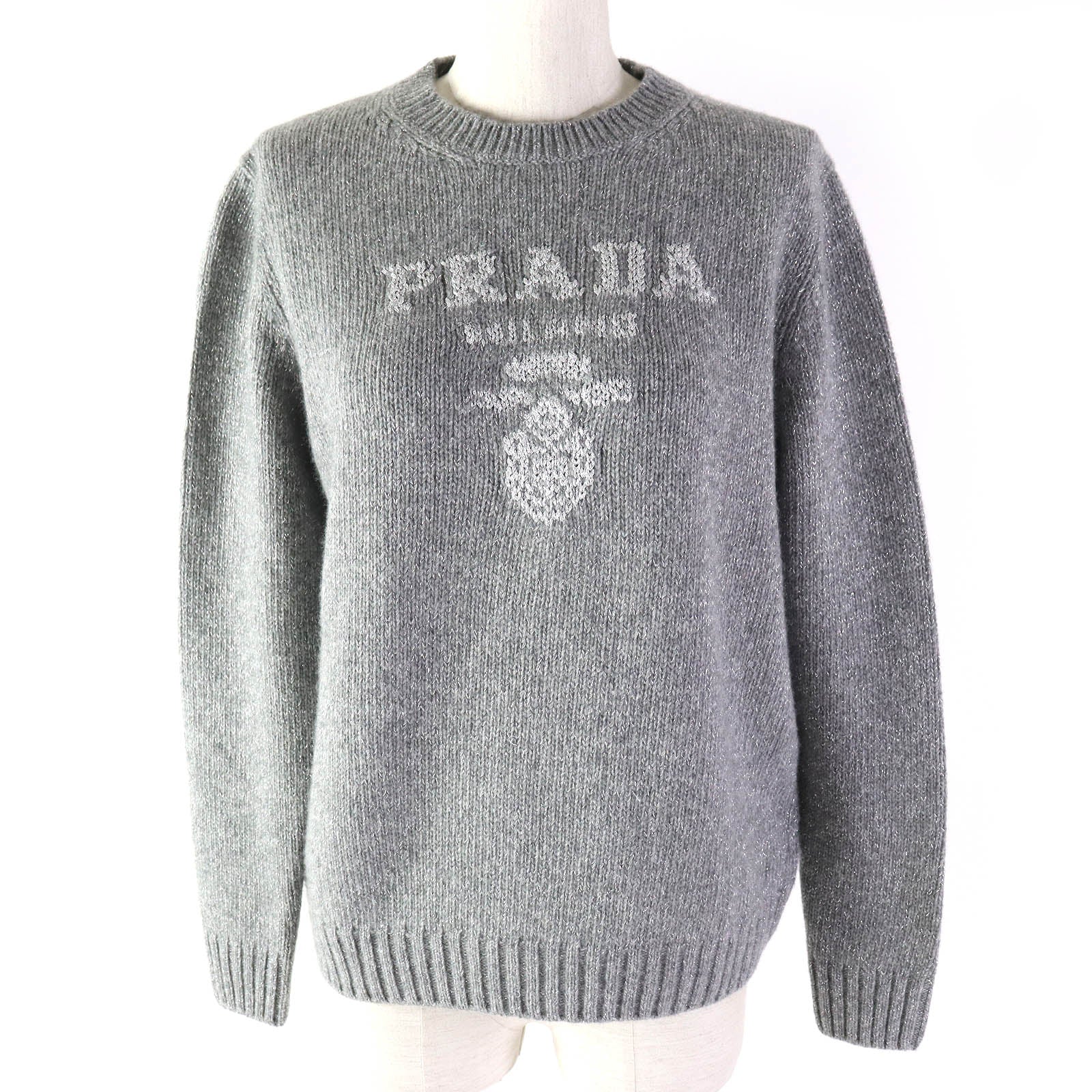 PRADA Wool Cashmere Logo Glitter Sweater Gray 36