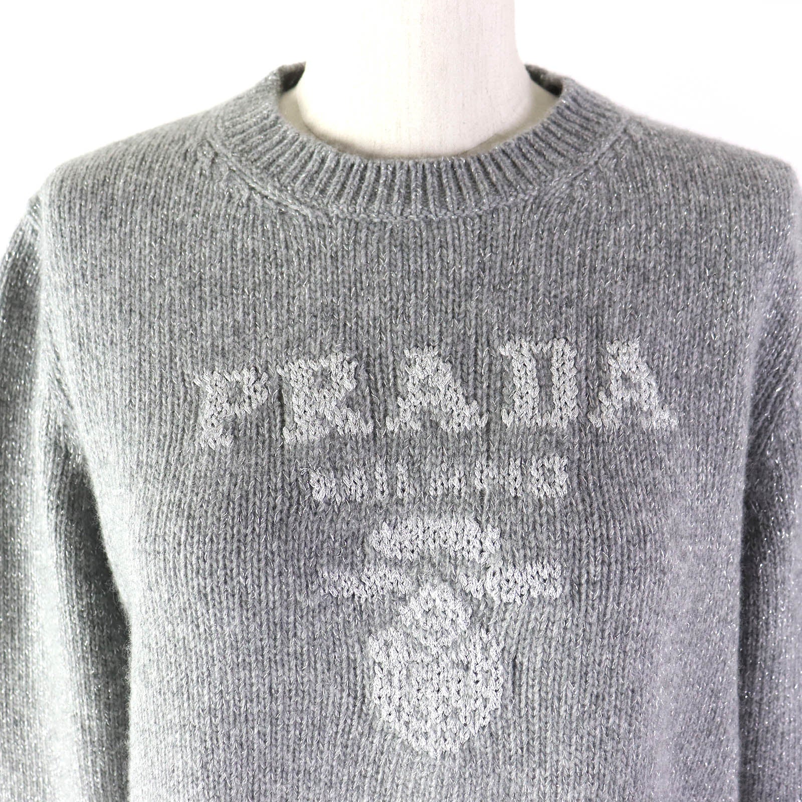 PRADA Wool Cashmere Logo Glitter Sweater Gray 36