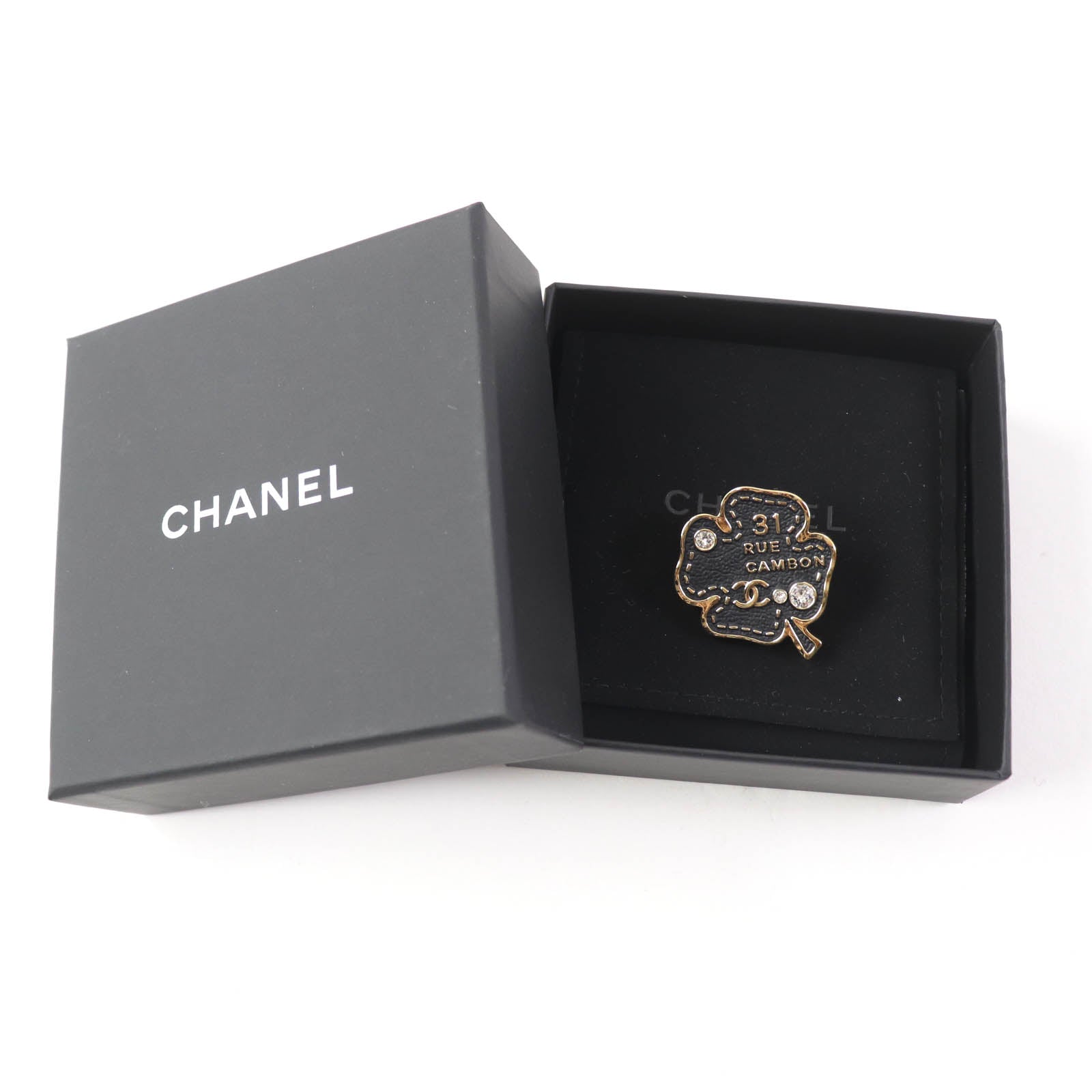 Chanel Clover Pin Badge Rhinestone Brooch