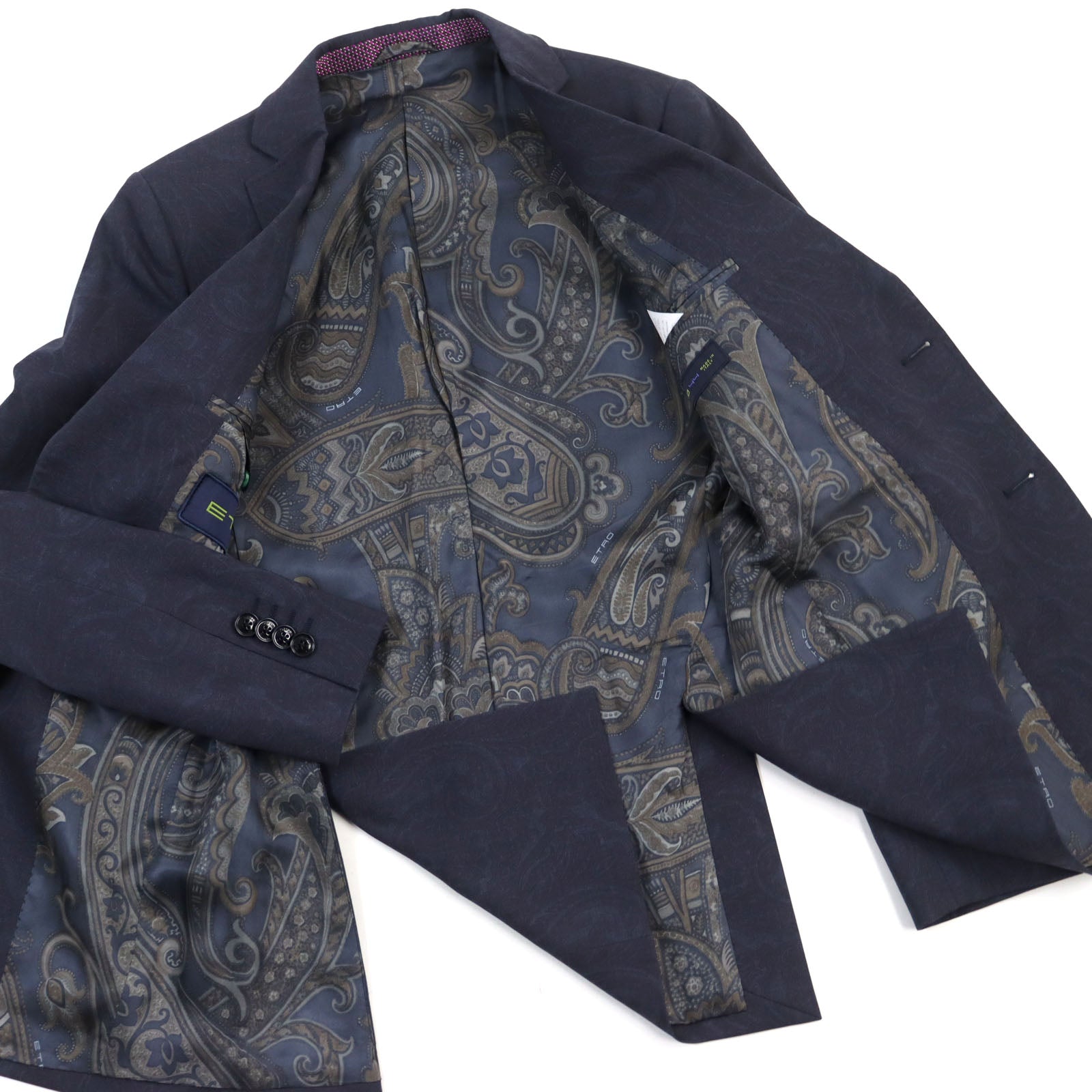 ETRO Wool Elastane 3P Suit Navy Paisley