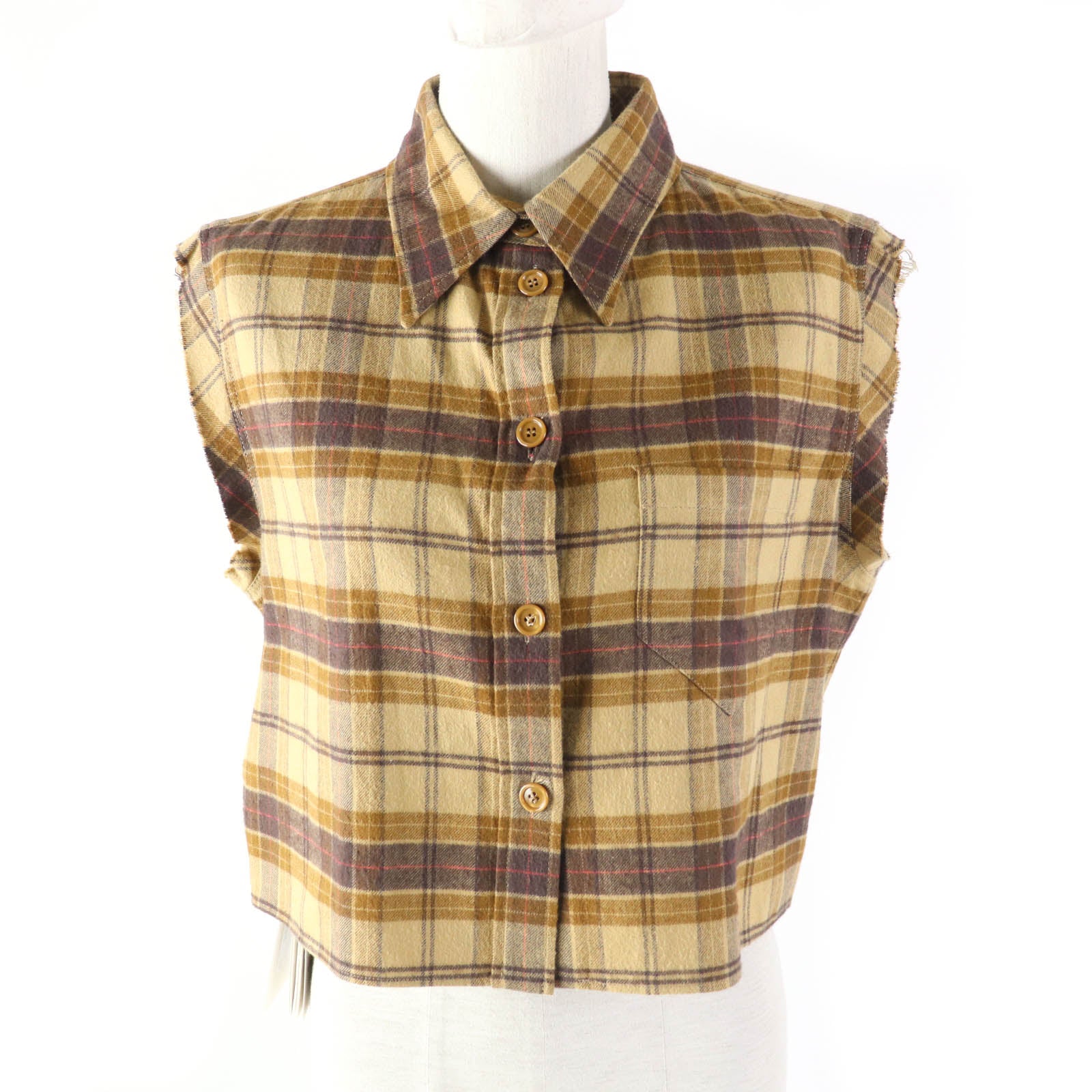 GUCCI Cotton Check Sleeveless Shirt Brown 40