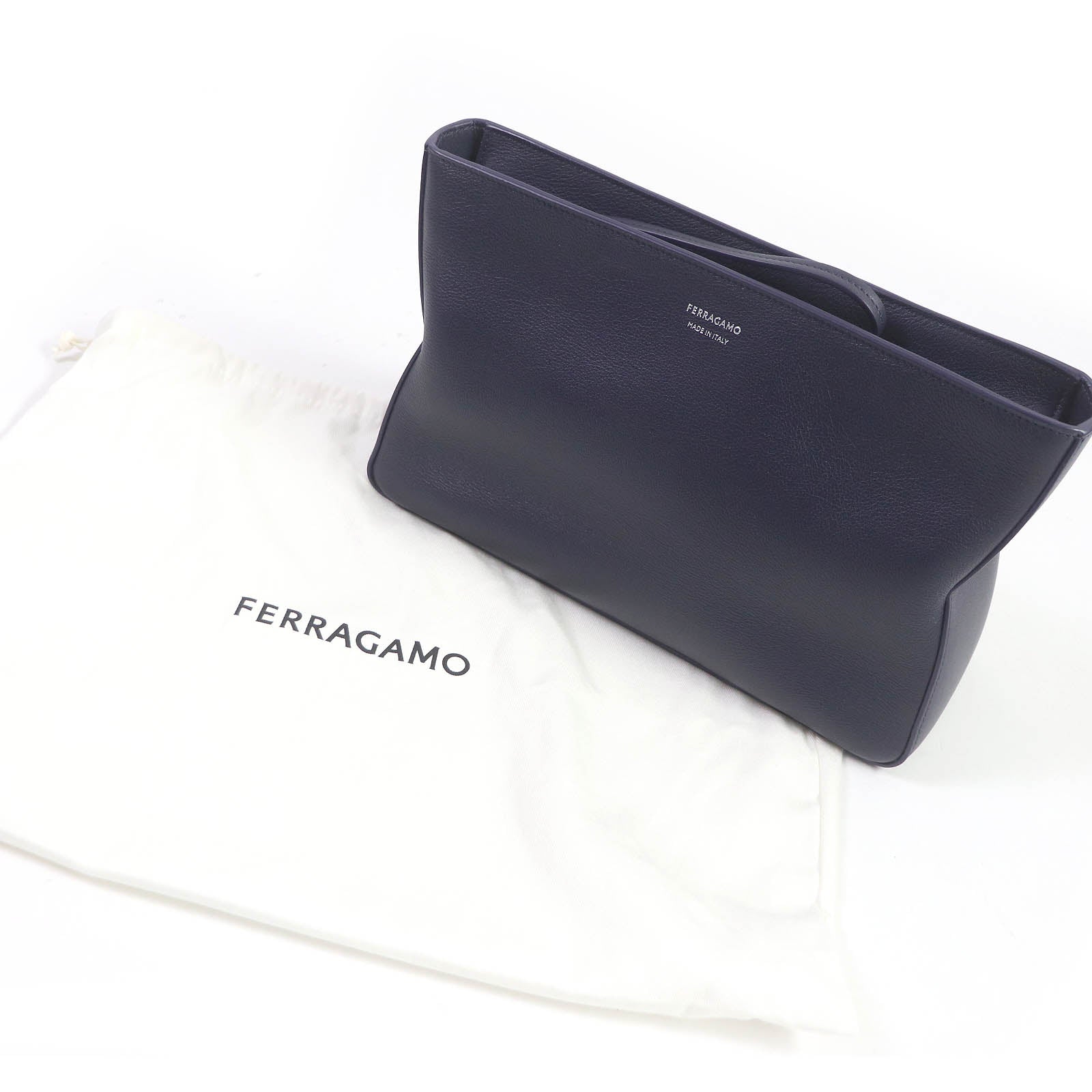 Ferragamo Leather Logo Clutch Bag Navy