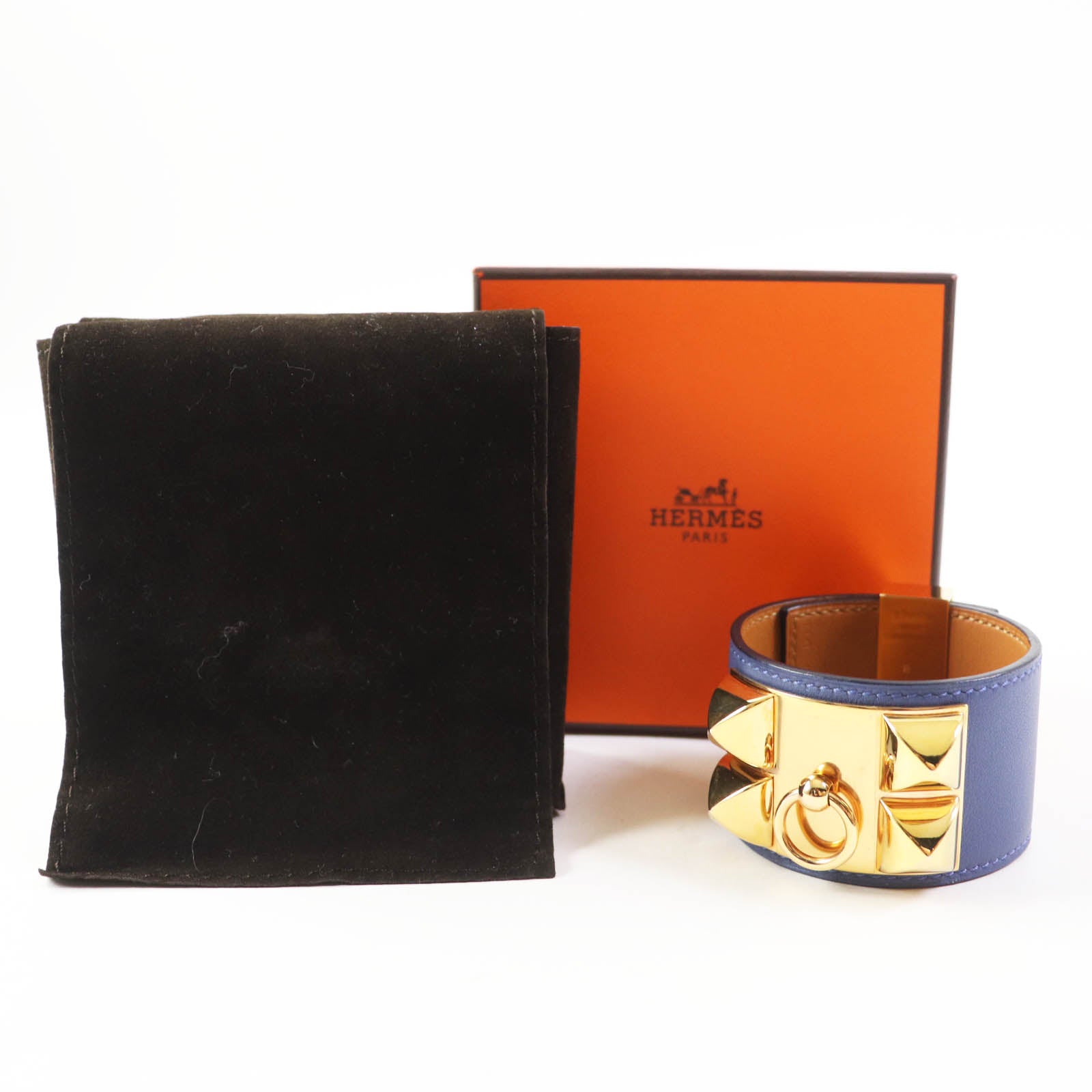 Hermes Cory Edssian Gold Bangle Leather Blue