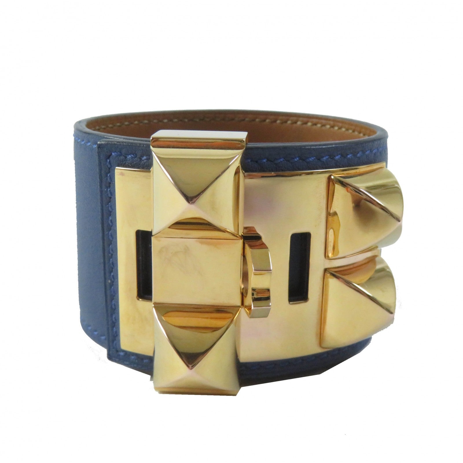 Hermes Cory Edssian Gold Bangle Leather Blue