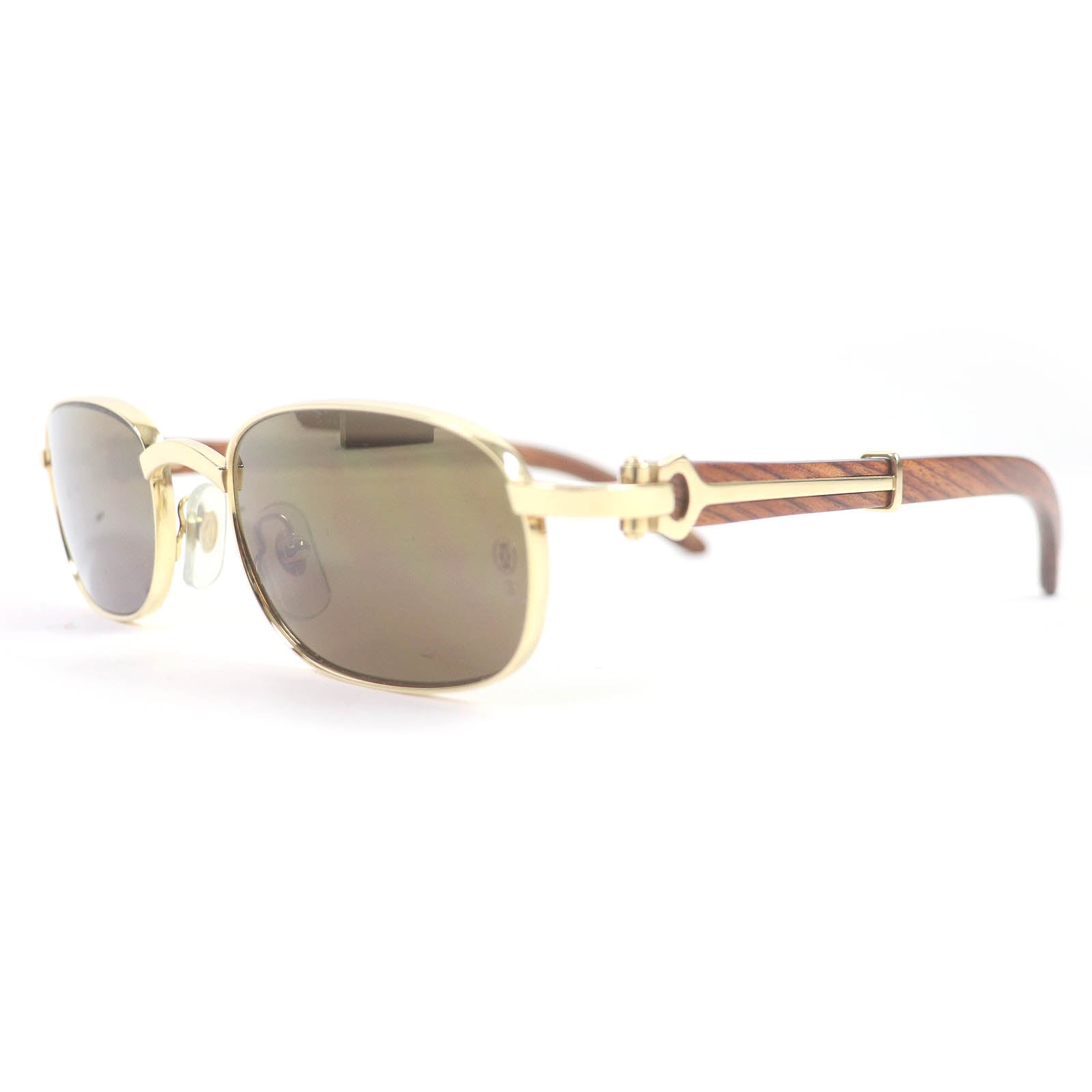 Cartier C Logo Wood Temple Sunglasses Gold Brown