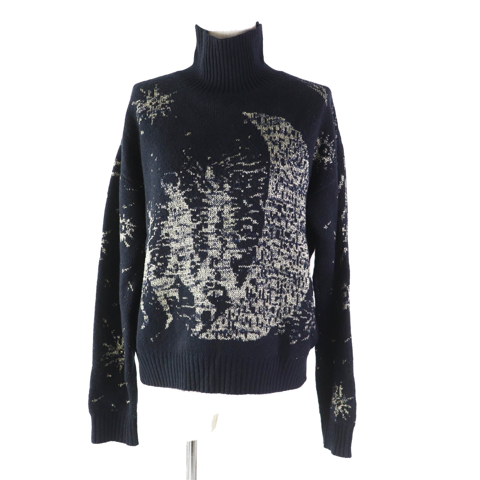 Dior Cashmere Rayon Knit High Neck Sweater Navy Gold