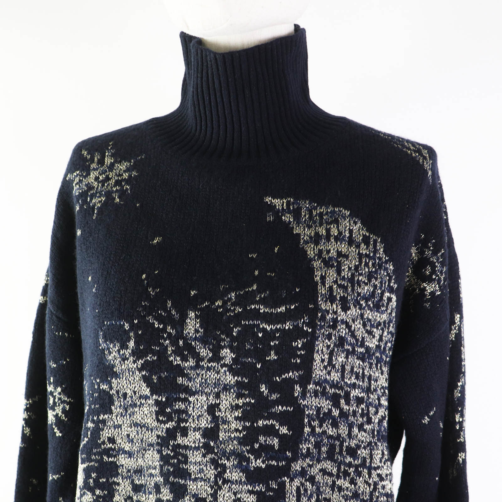 Dior Cashmere Rayon Knit High Neck Sweater Navy Gold