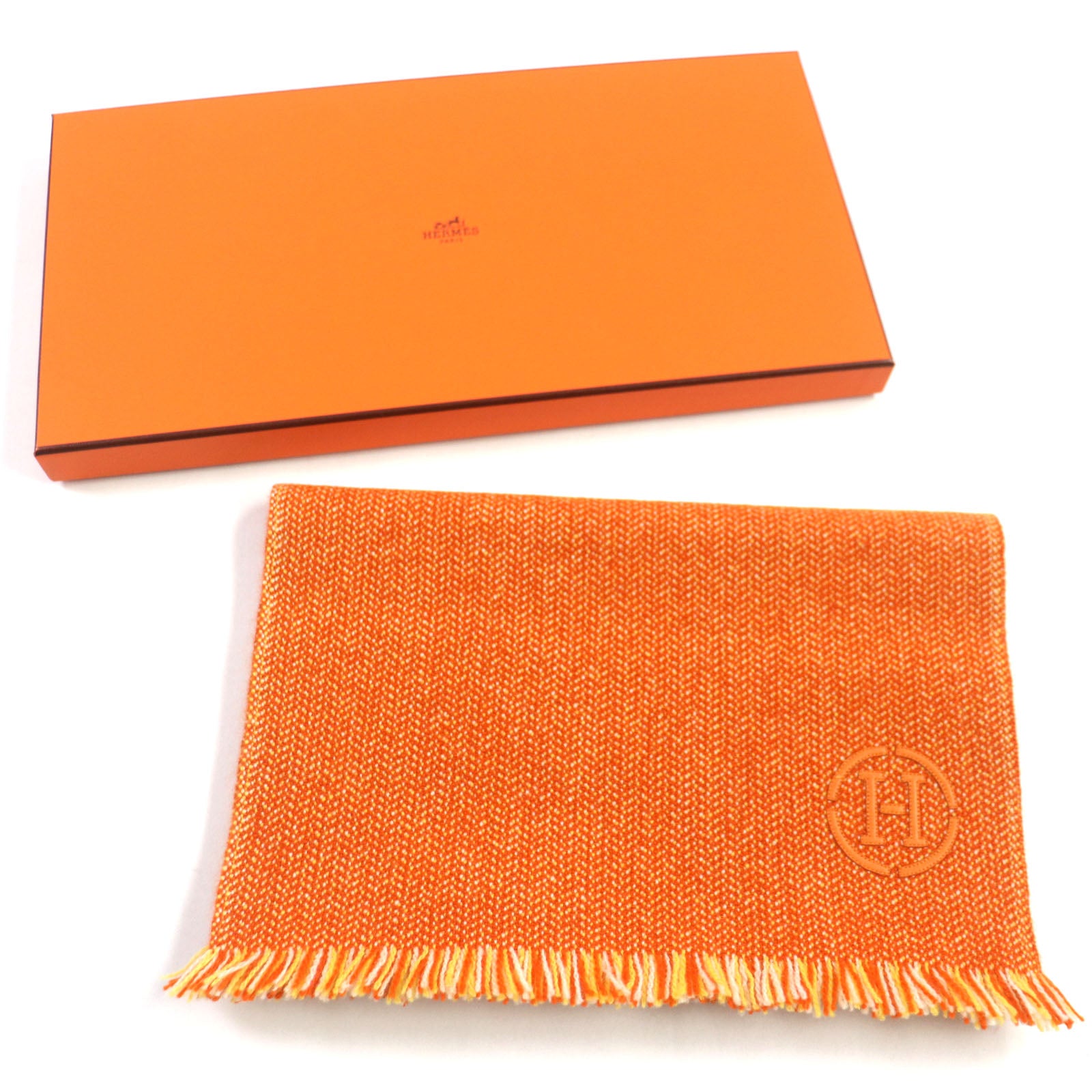 Hermes Cashmere Herringbone Scarf with H Logo