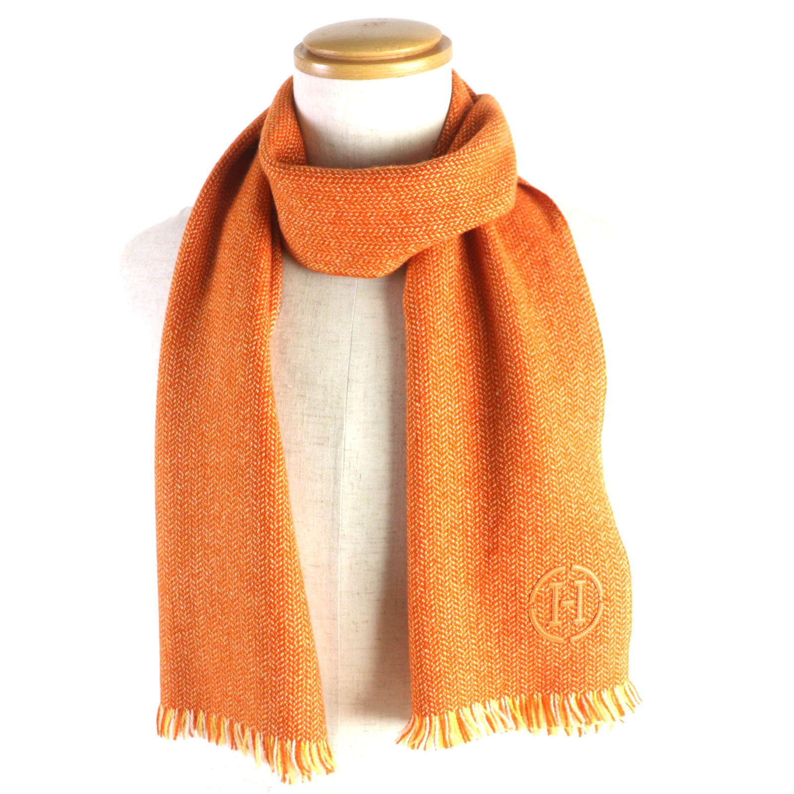 Hermes Cashmere Herringbone Scarf with H Logo