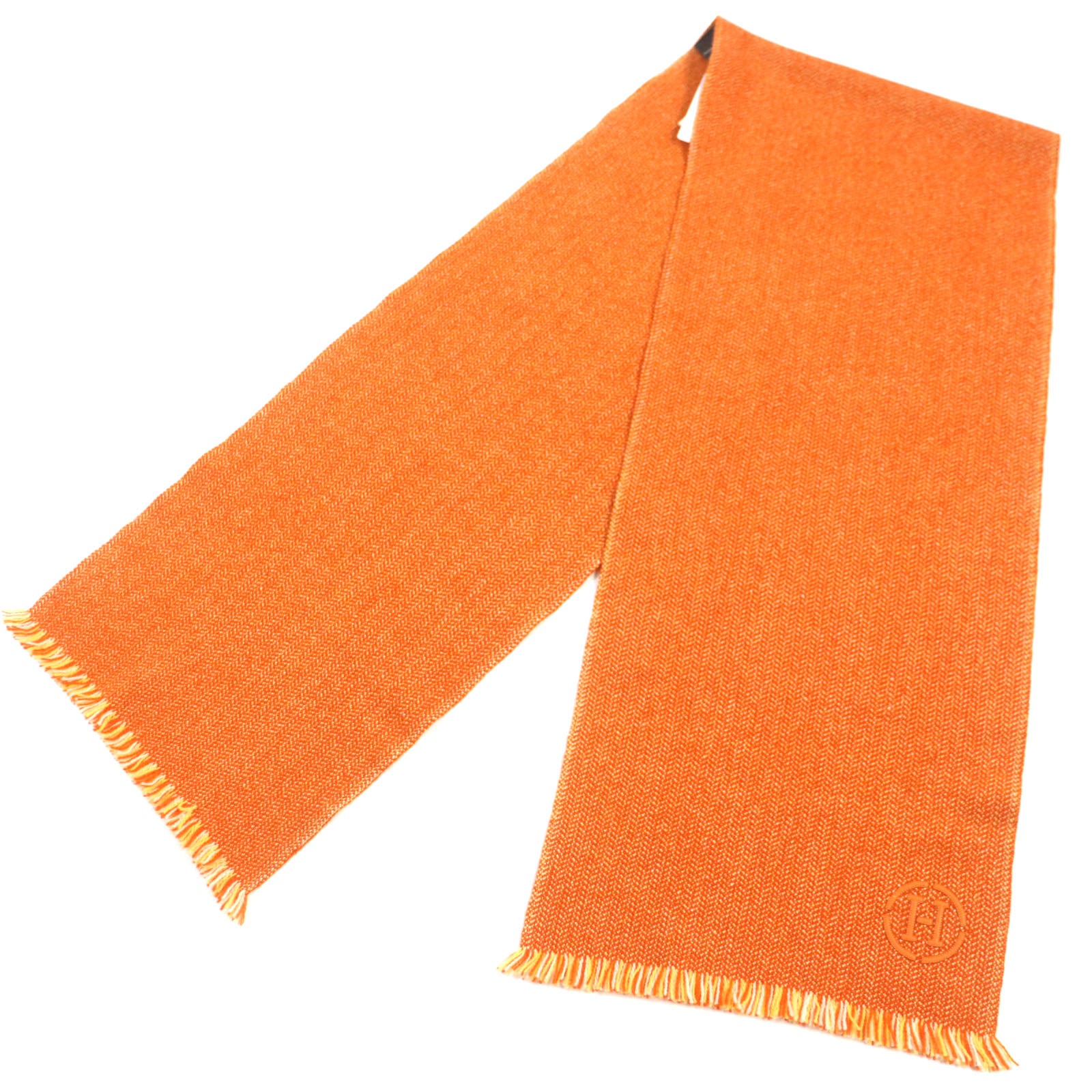 Hermes Cashmere Herringbone Scarf with H Logo