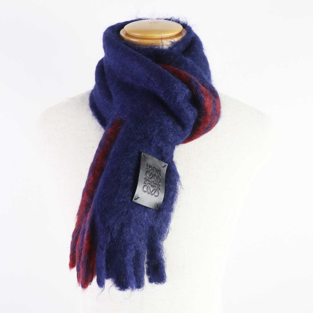 Loewe Mohair Wool Leather Scarf Navy Red