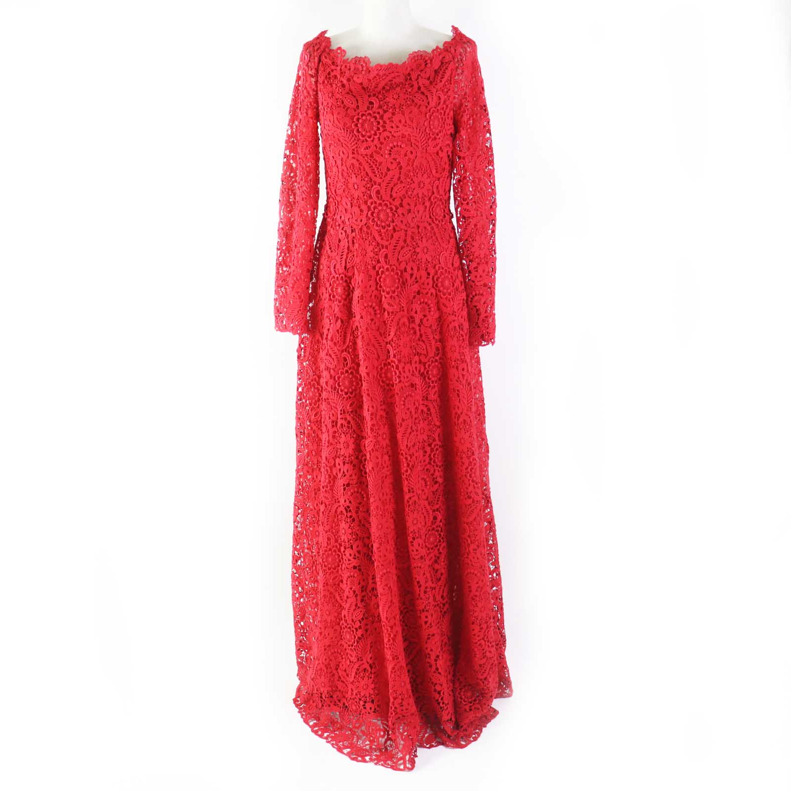 Valentino Lace Long Sleeve Flare Dress Red 40