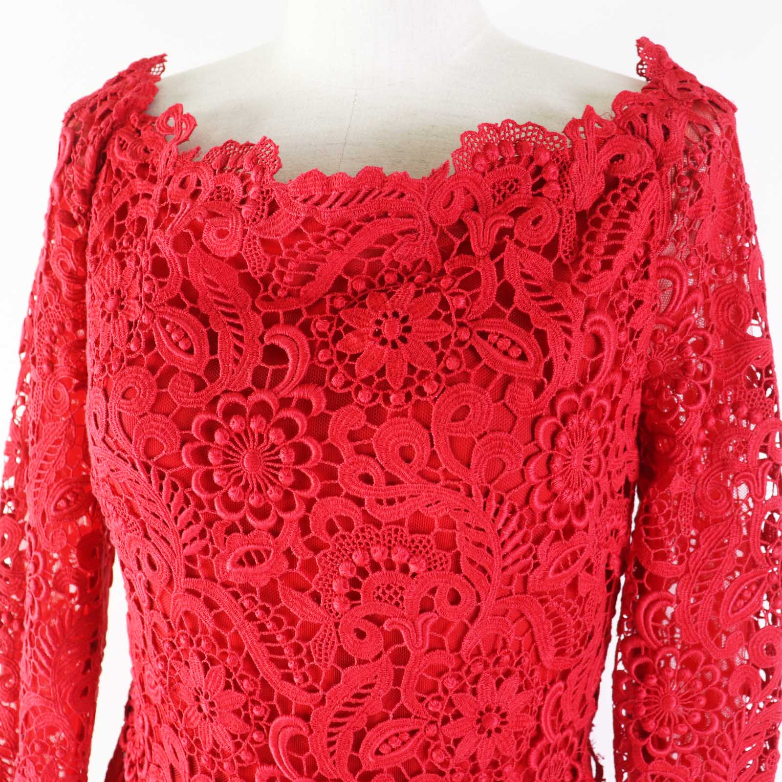 Valentino Lace Long Sleeve Flare Dress Red 40